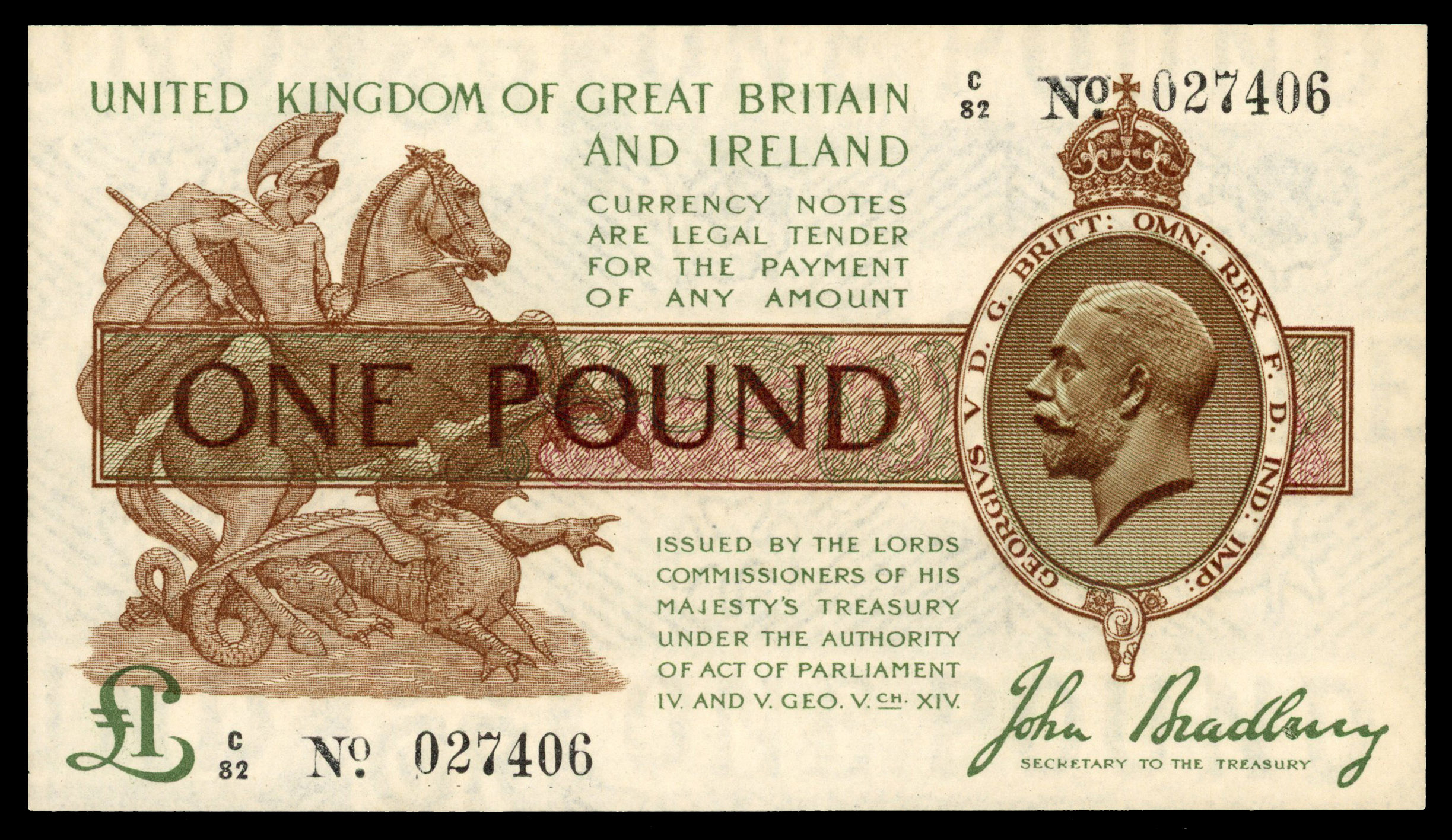 Treasury, J. Bradbury, One Pound, 1917‑19, C/82 027406.