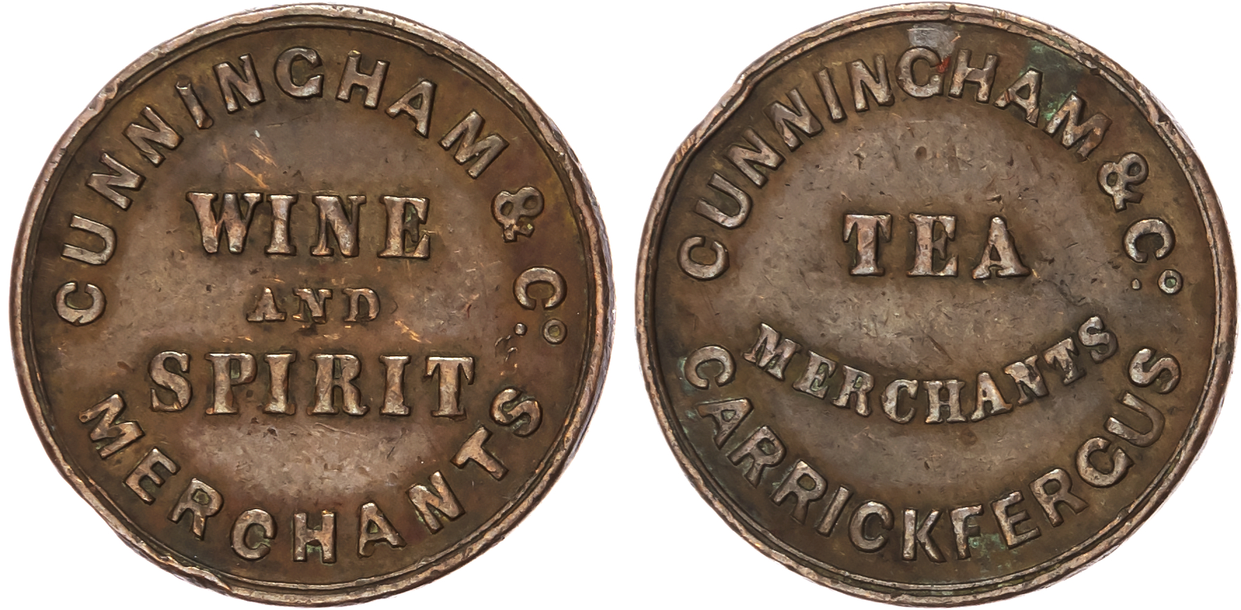Carrickfergus, Cunningham & Co., (tea dealers and wine & Spirit merchants) , farthing (1852), two-line legend/…