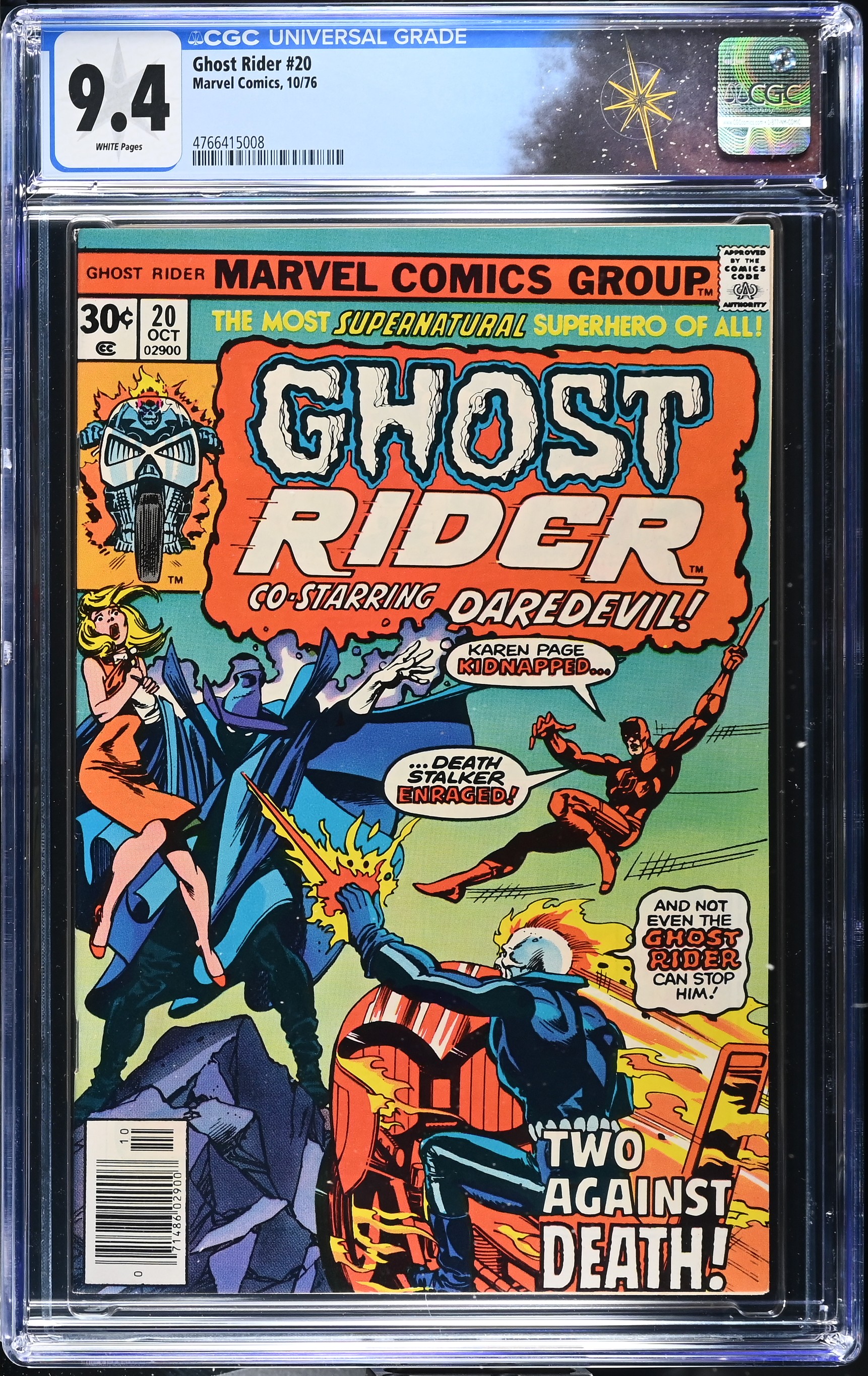 Ghost Rider #20 CGC 9.4 Ghost Rider & Daredevil Cover by Gil Kane (Marvel Comics, 1976) White Pages