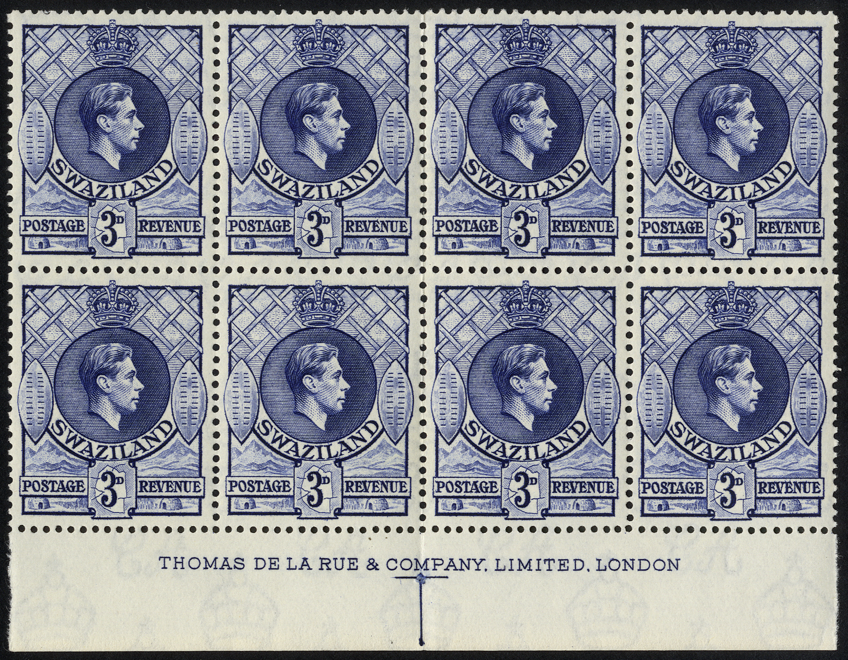 1938 3d deep blue u/m imprint block of eight (central fold). Scarce multiple. SG 32a, cat...