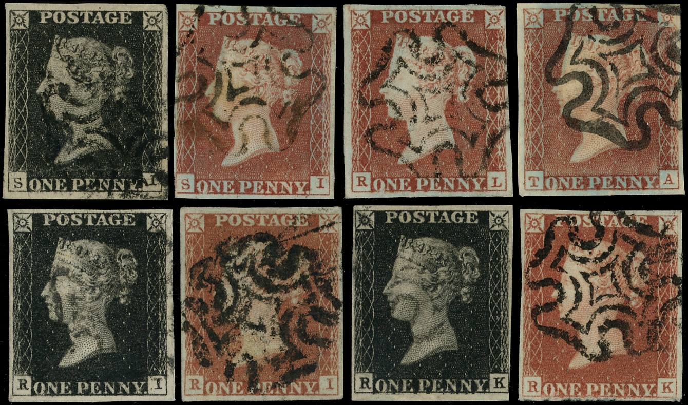 1840 1d black and 1d red-brown Plate X as three matched pairs and two 'red'...