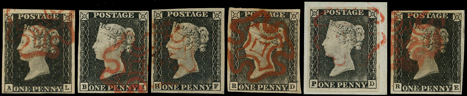 1840 1d Black Pl.1a. Group of six used