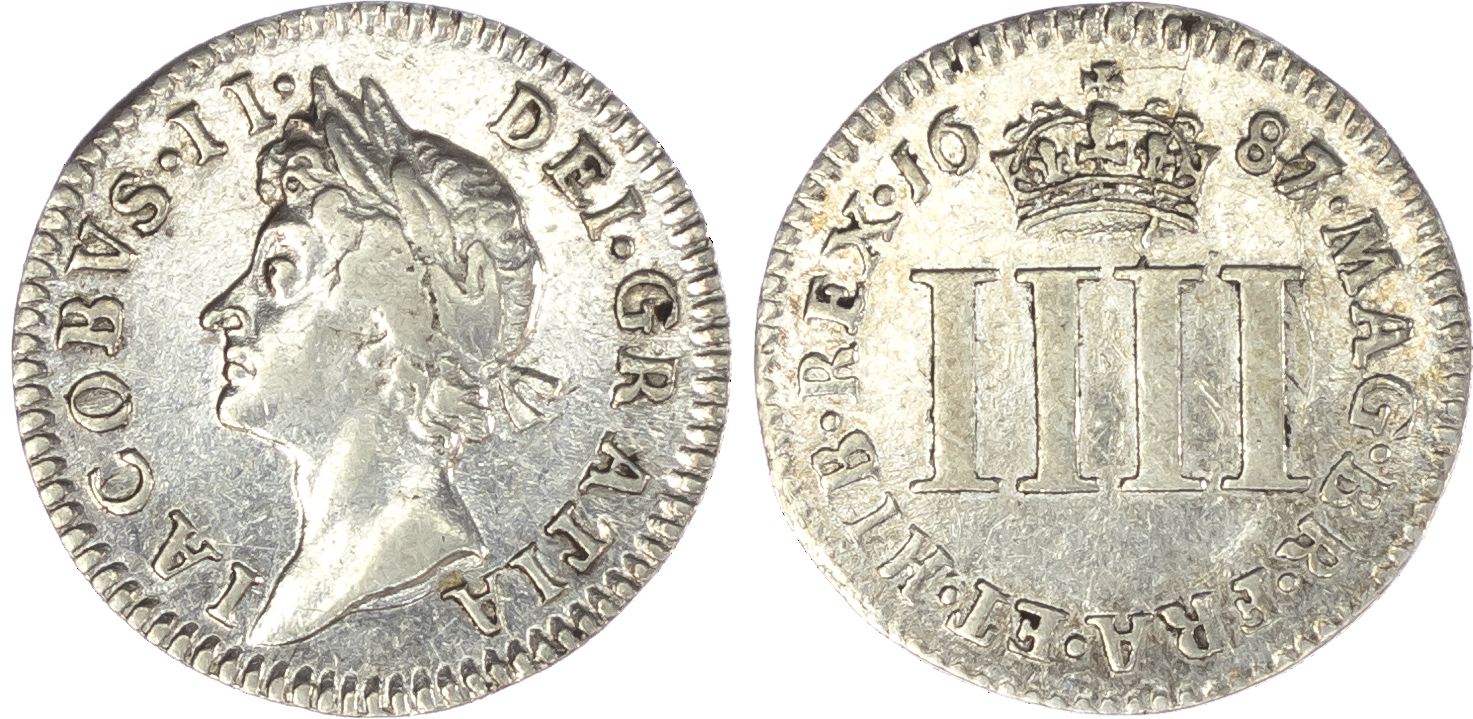 James II (1685-88), Maundy Set, 1687, Fourpence, Threepence, Twopence and Penny, laureate head left, legend surrounds