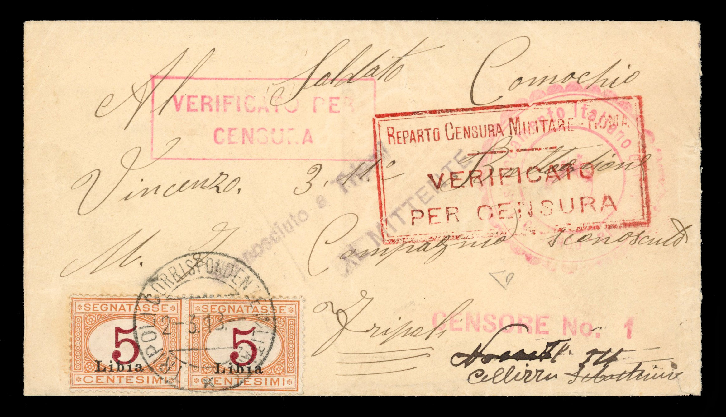 Italian Post Offices in Palestine 1918 stampless cover to Libia