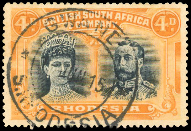 Rhodesia 1910-13 4d blue-black and yellow-orange perf 15 used