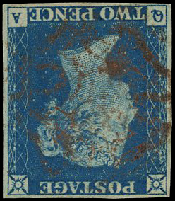 1840 2d Blue Pl.1. (Wmk Inverted). Used four margin example