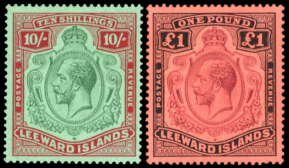 1921-22 10s green and red/green and £1 purple and black/red, both large part og