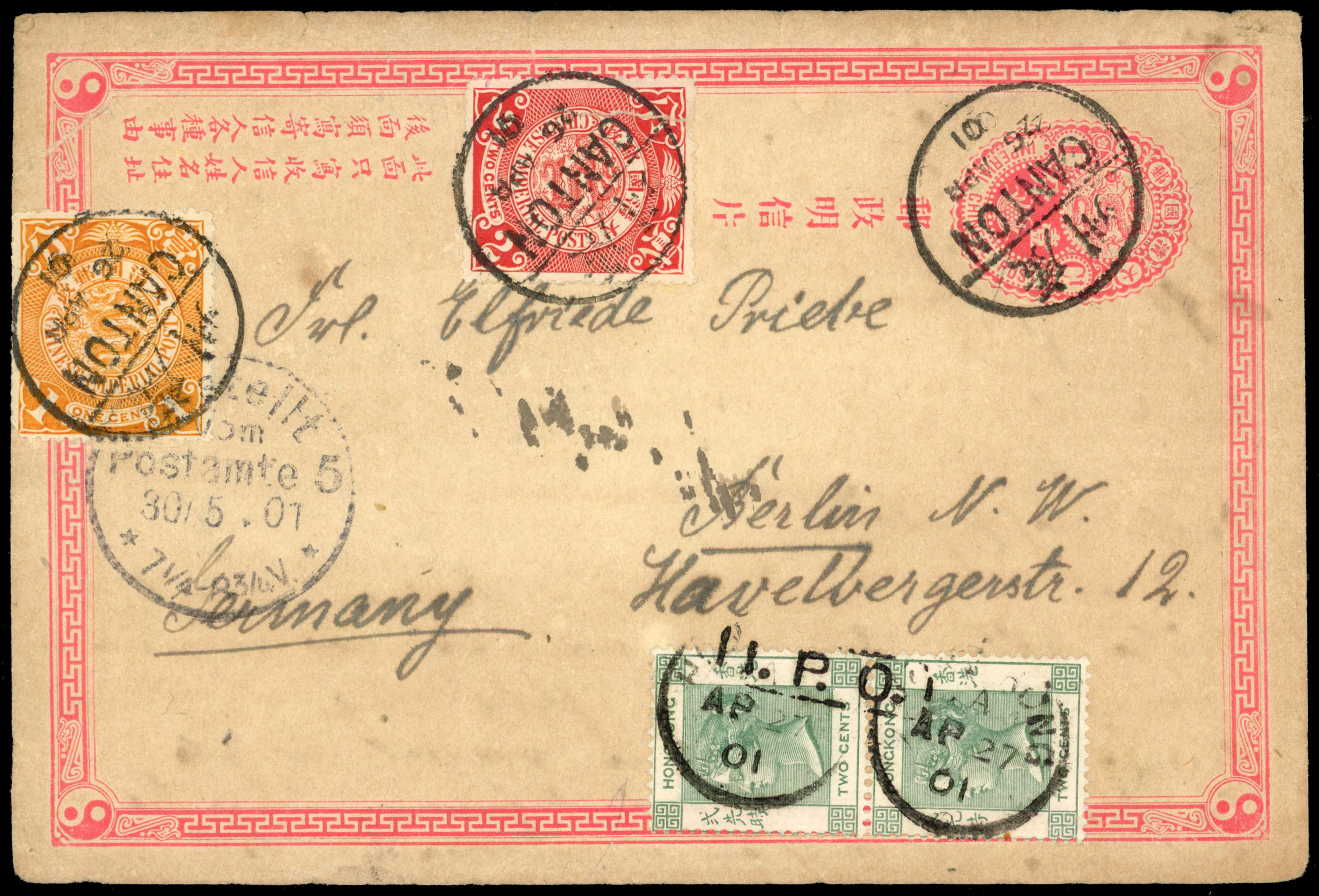 China: 1901 Imperial Chinese Posts 1c postal stationery card uprated to Germany