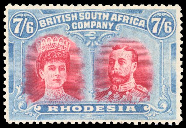 Rhodesia 1910-13 7s6d bright carmine and blue perf 14