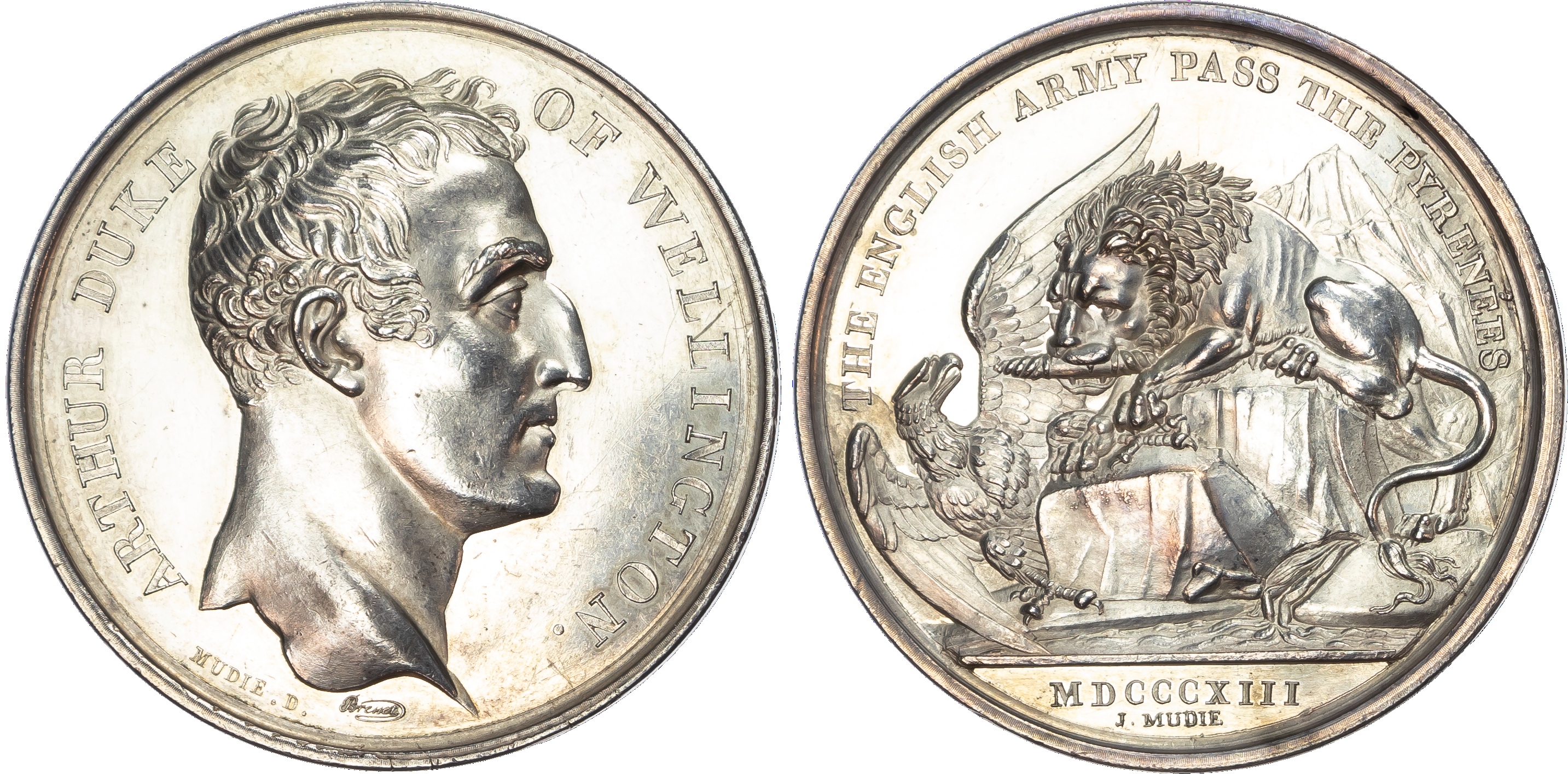 Duke of Wellington, silver medal (41mm/34.45gm) 1813 [1820] by L. Brenet for Mudie’s British Victories Series.