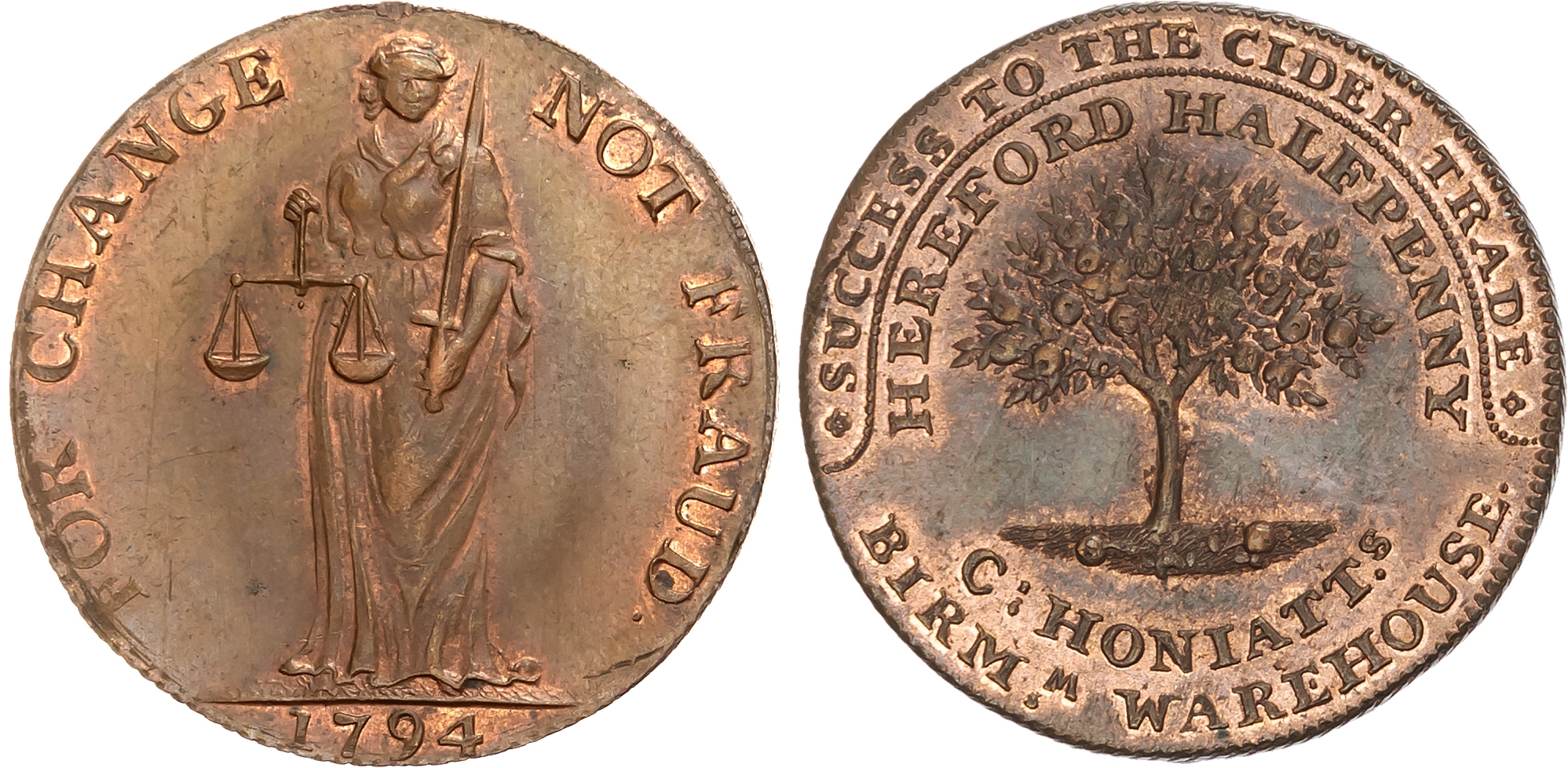 Heref . Hereford , Charles Honiatt (Warehouseman), Halfpenny 1794, Apple-tree, rev. Justice standing, edge diagonally mi …