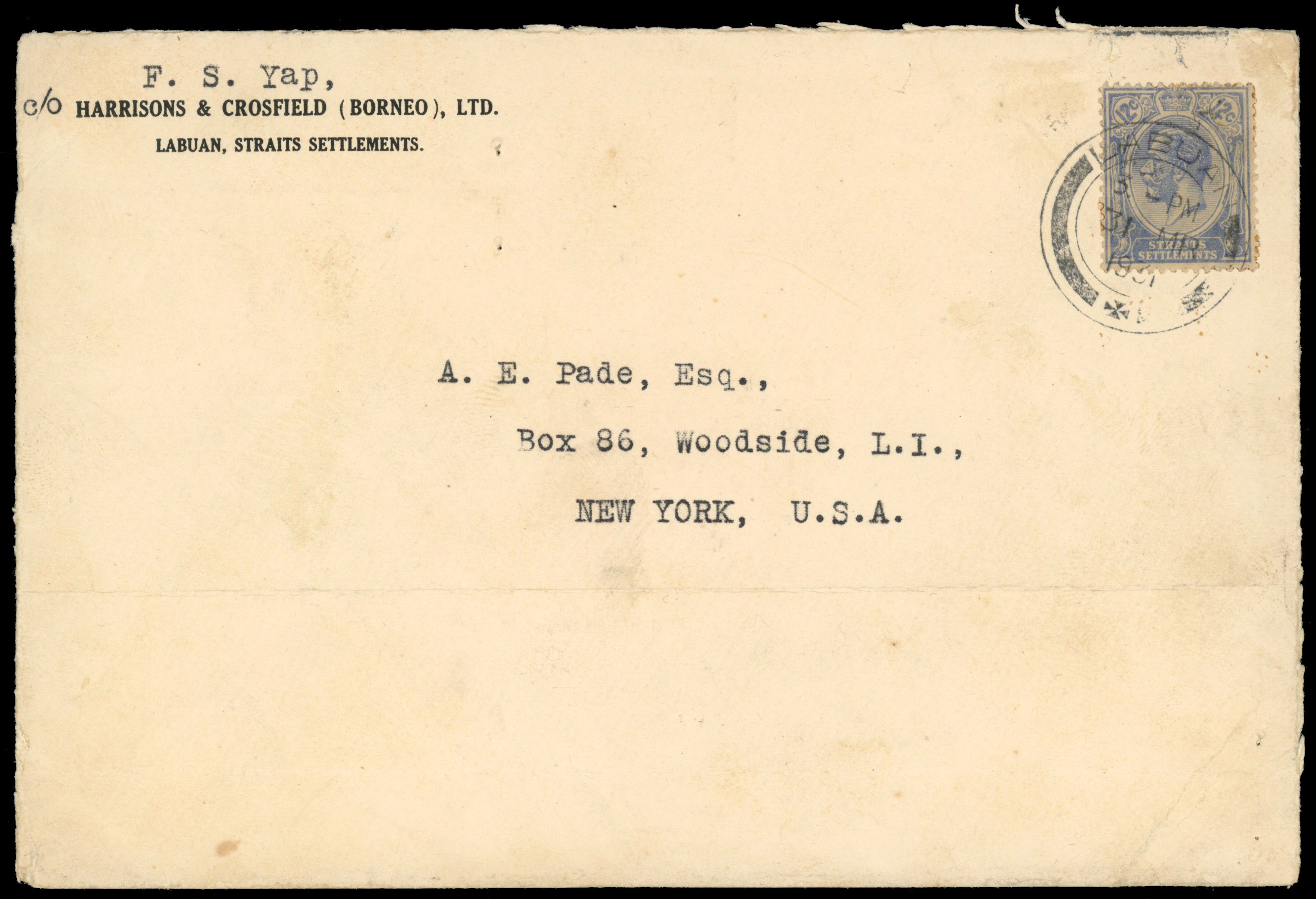 Labuan 1931 cover to New York with Straits Settlements 1921-33 12c