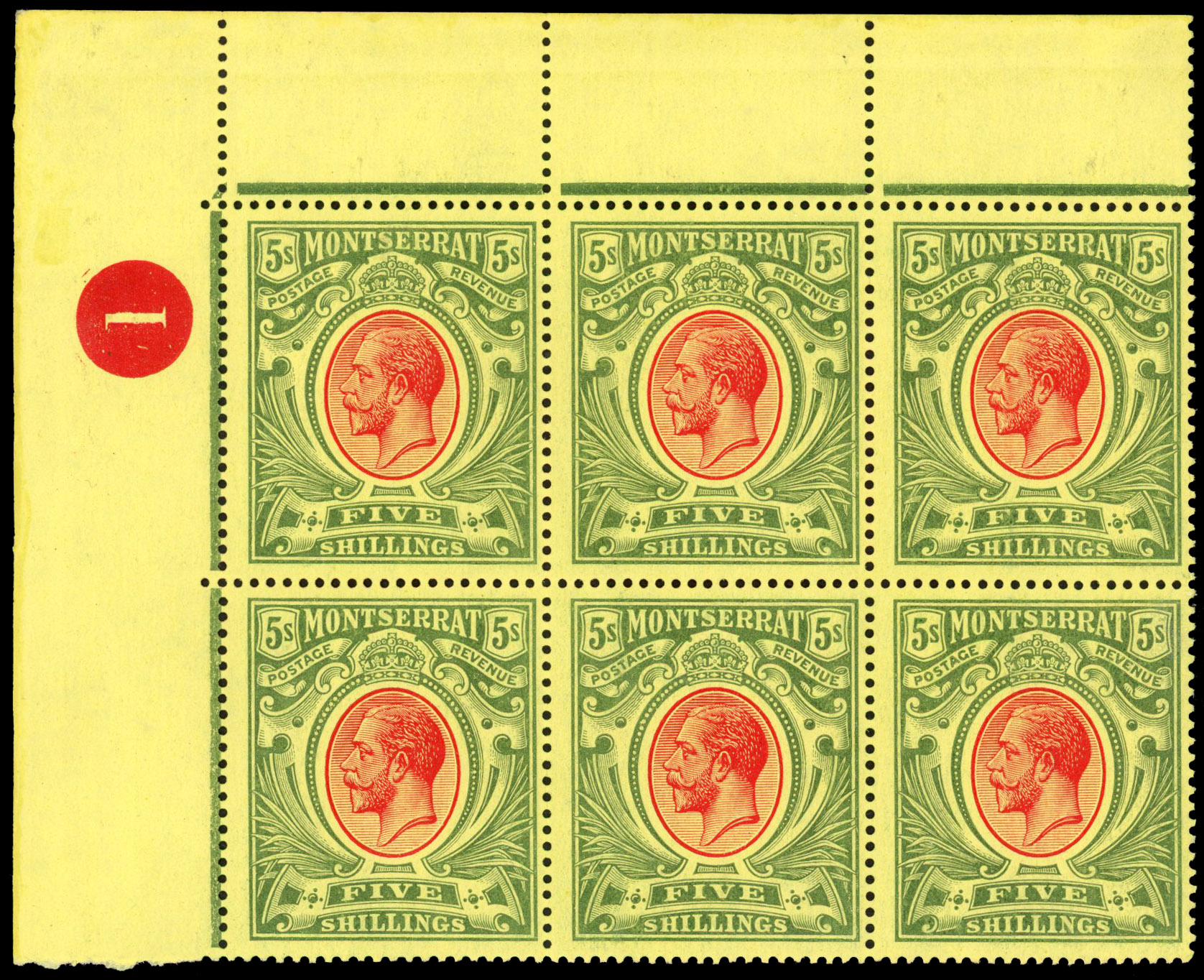 Montserrat SG 48 1914 5s KGV plate block unmounted