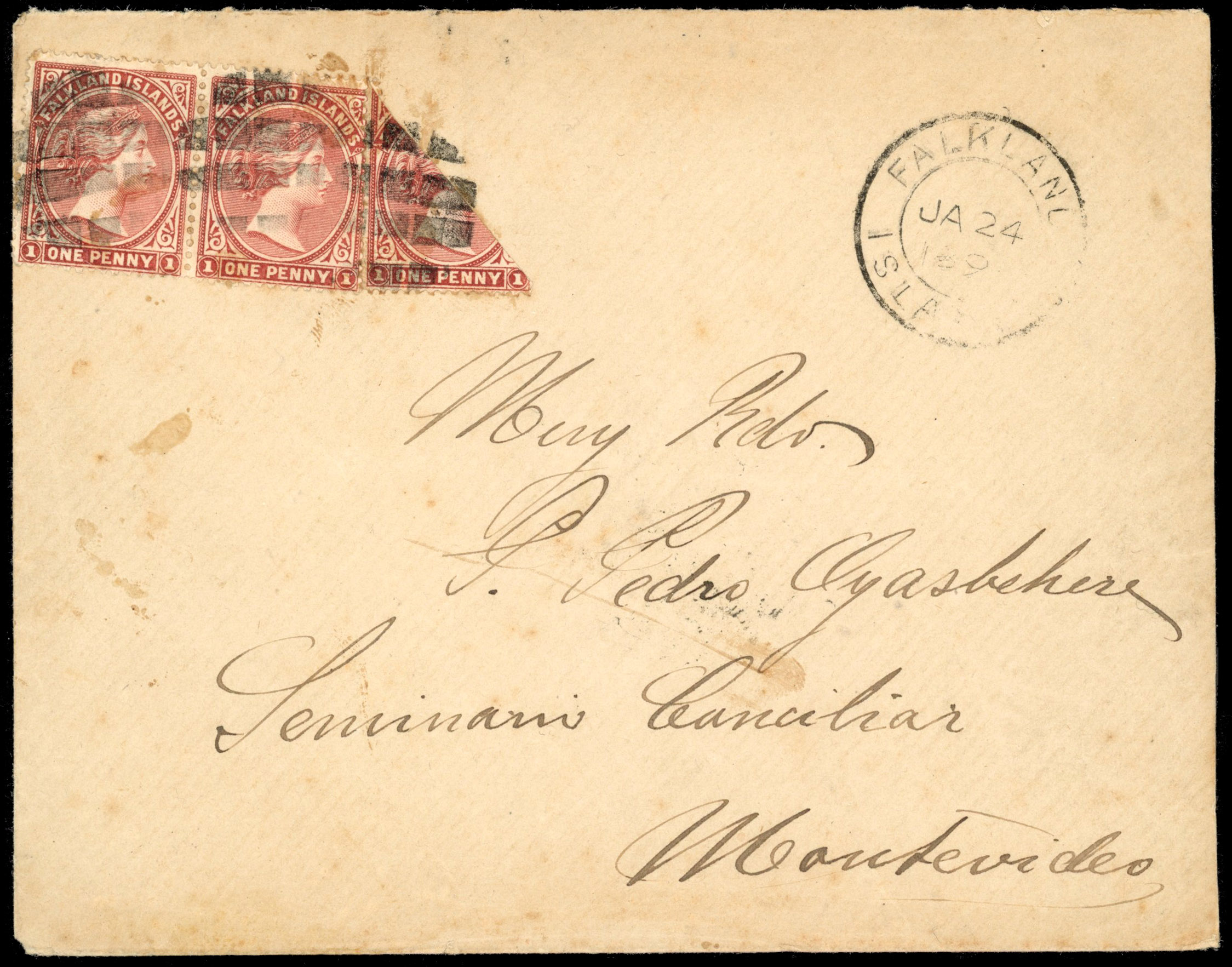 Falkland Islands SG 8/a 1d bisect cover to Montevideo