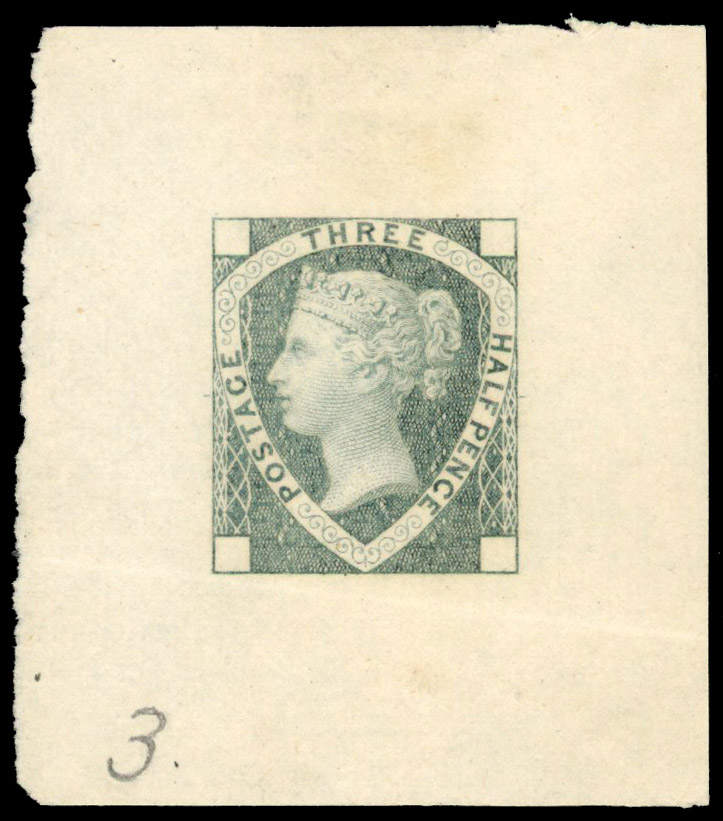 1870 1½d Die proof colour trial for ½d stamp. DP55(1)c in dark blue green