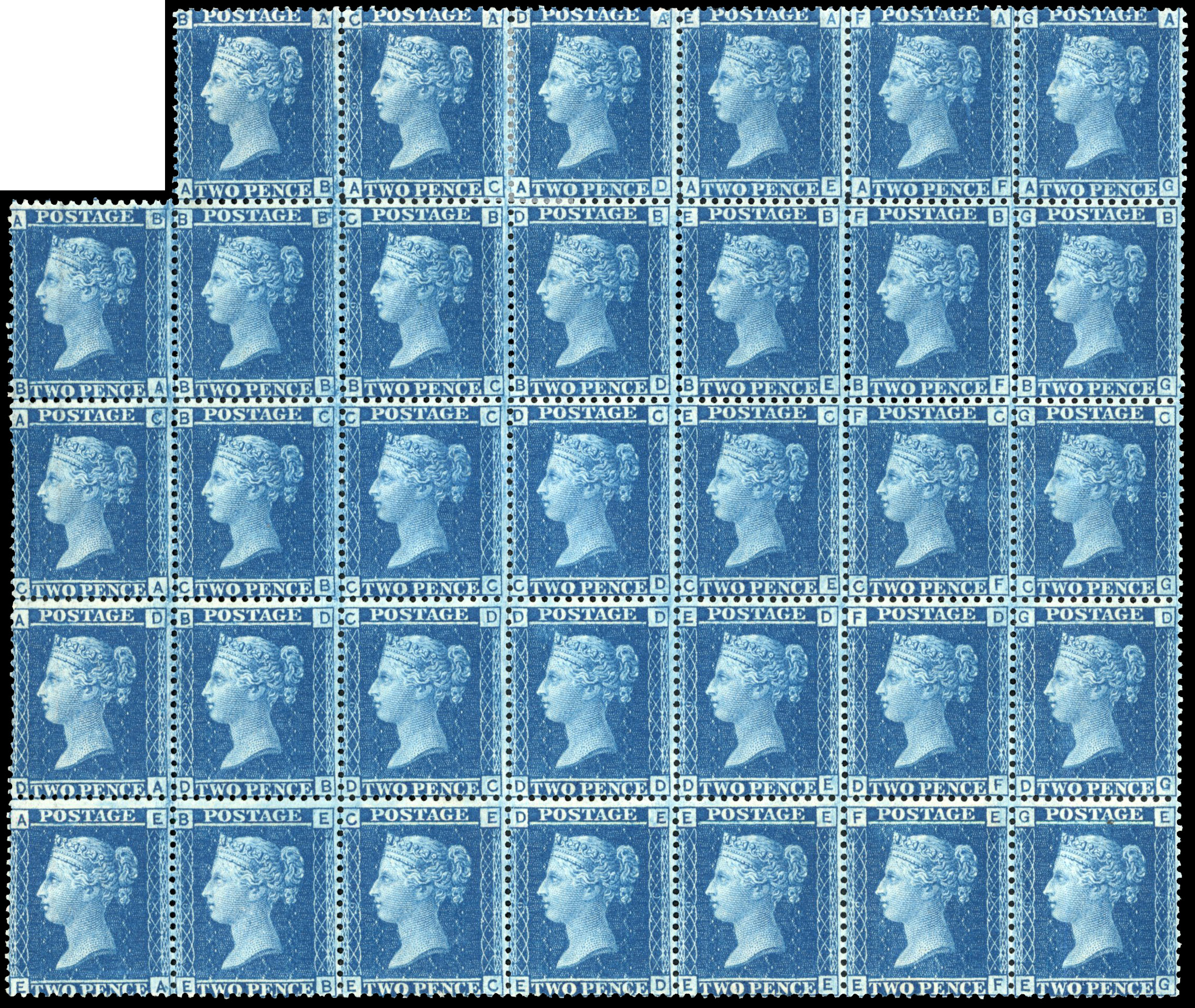 SG 45 1858 2d blue Plate 9 block of 34 mint