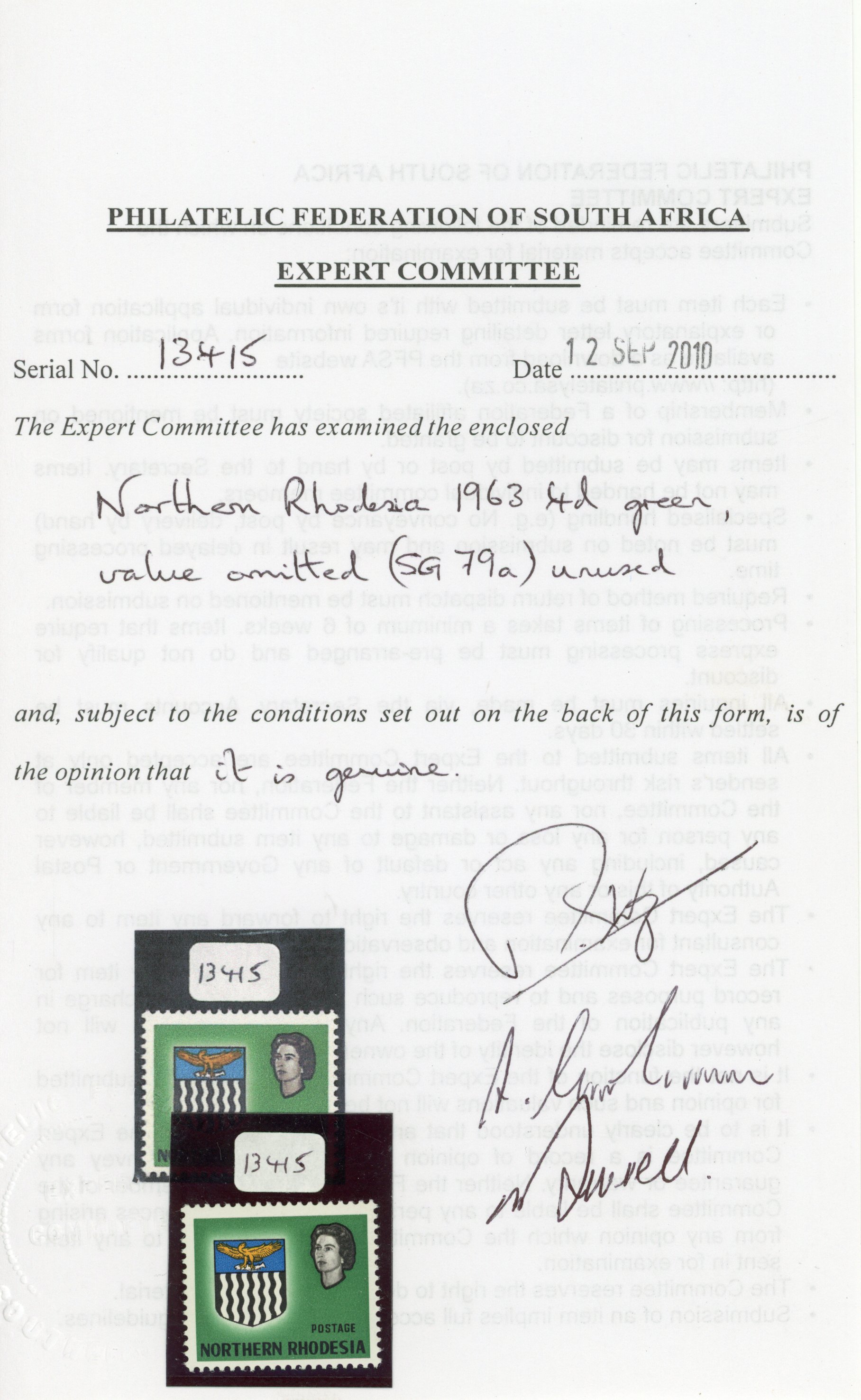 Northern Rhodesia 1963 1d light blue block of 9, 3d and 4d value omitted and 3d value and orange eagle omitted, all with PFSA