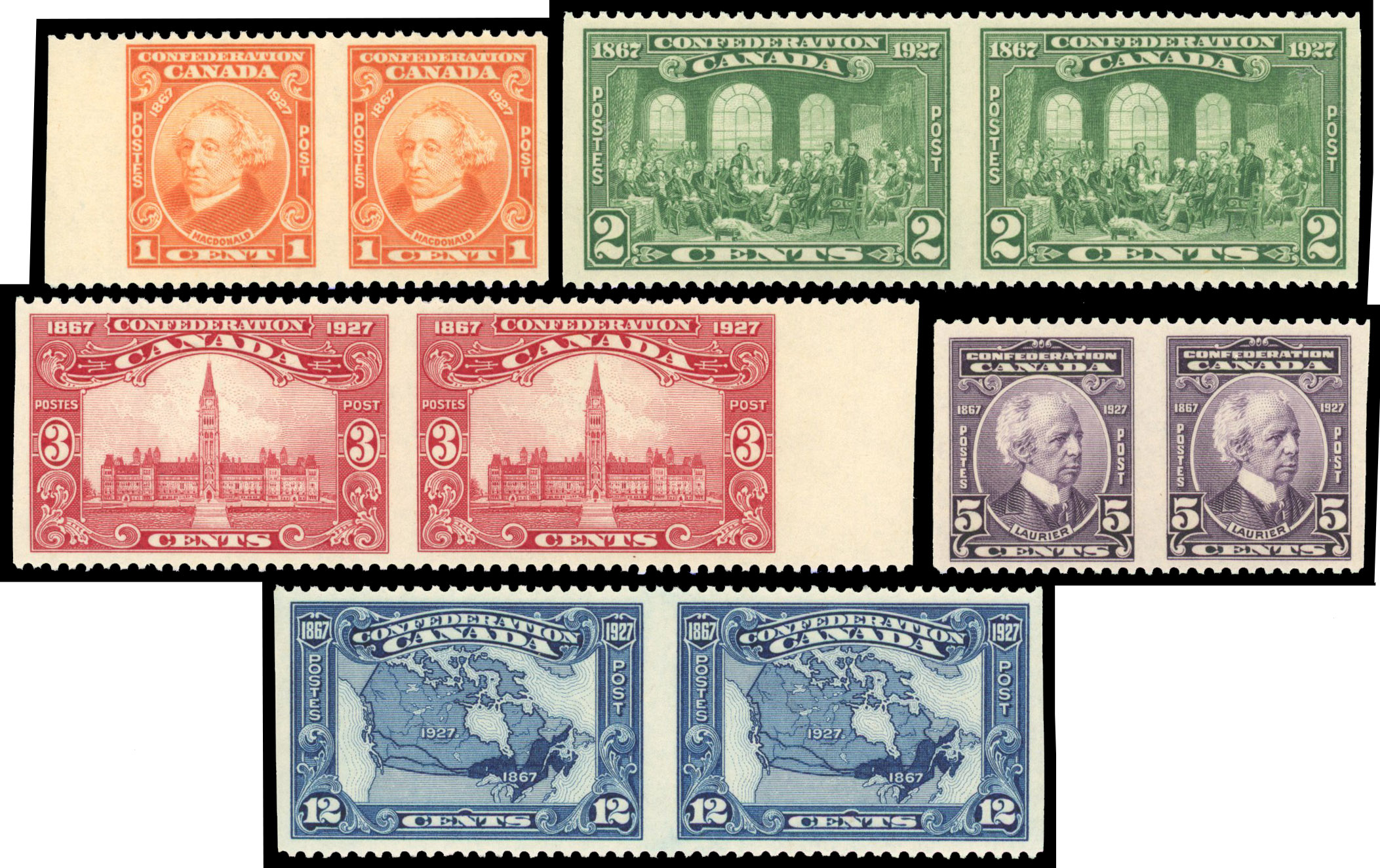 Canada 1927 Confederation Issue Complete set Imperforate Vertically SG266/70var