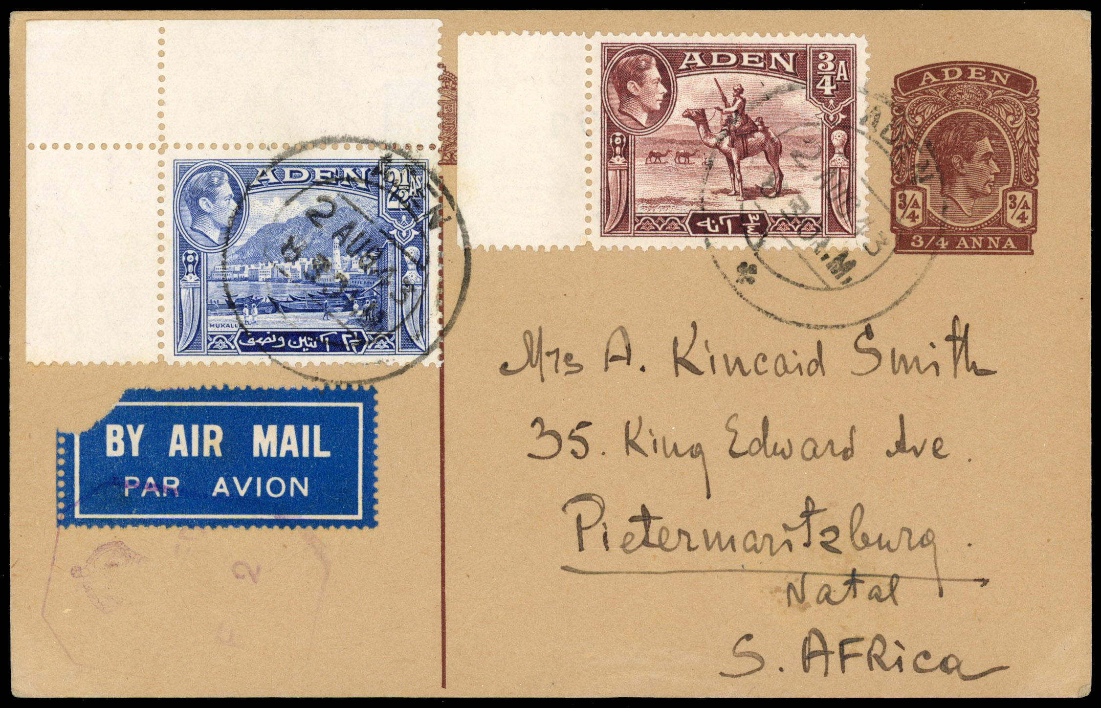 Aden postal stationery card used to South Africa