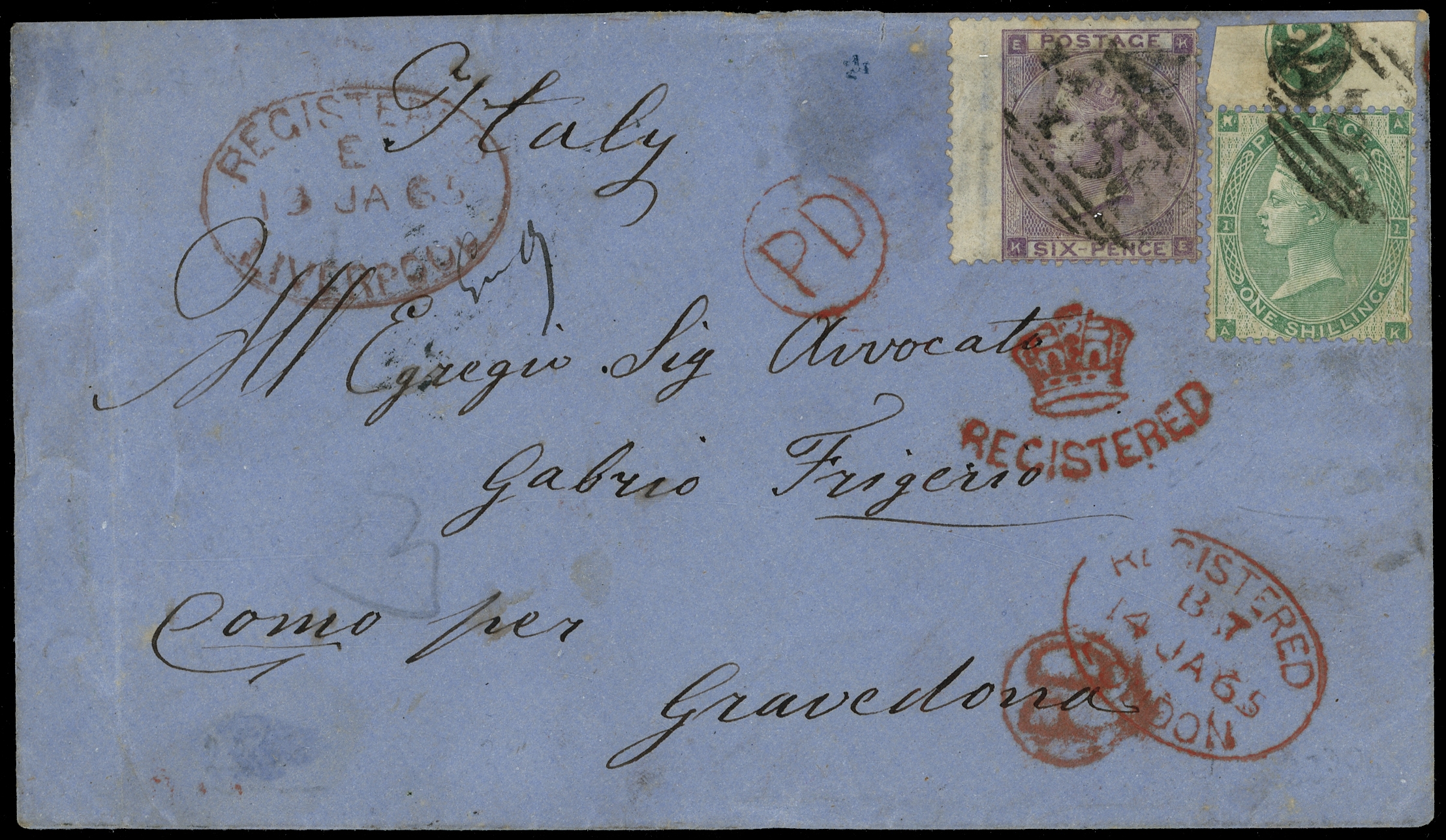 1865 Overseas Registered Mail. 1s plate number
