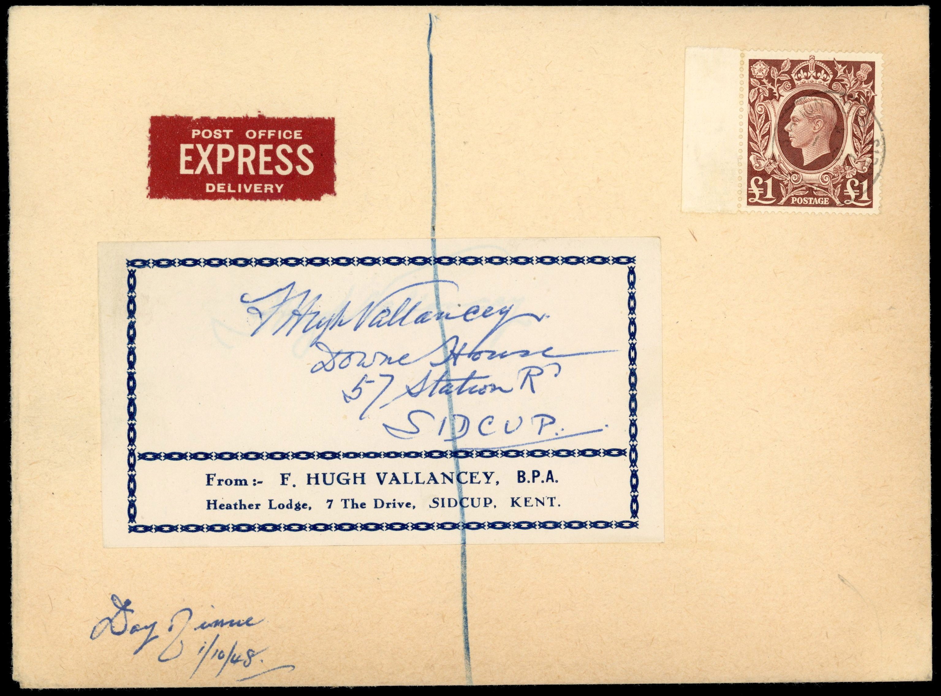 GB1948 £1 brown on express cover used on the first day ‘1 OC 48’. Fine. SG 478c