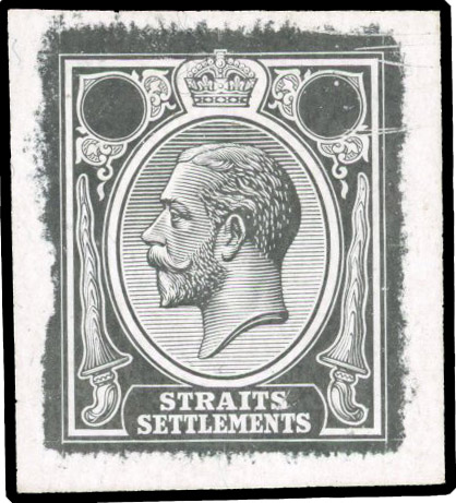 Straits Settlements 1918 KGV die proof of 2c, 6c Kris design in black