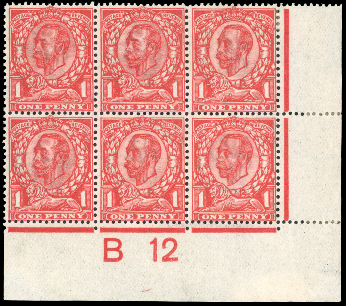GB SG 343 1912 1d aniline scarlet Control block mint