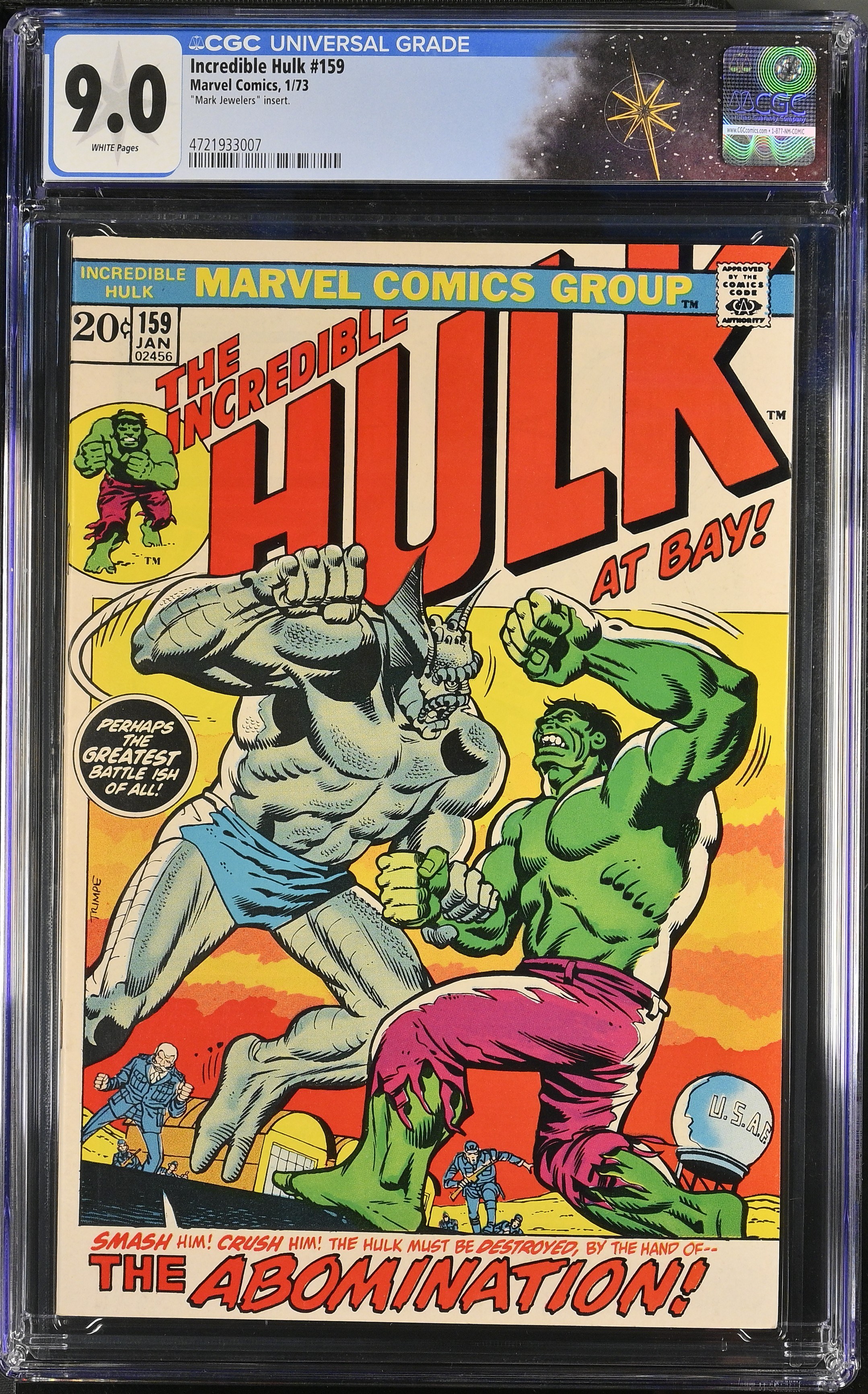 Incredible Hulk #159 CGC 9.0 “Two Years Before the Abomination!” Mark Jewelers Insert (Marvel Comics, 1973) White Pages