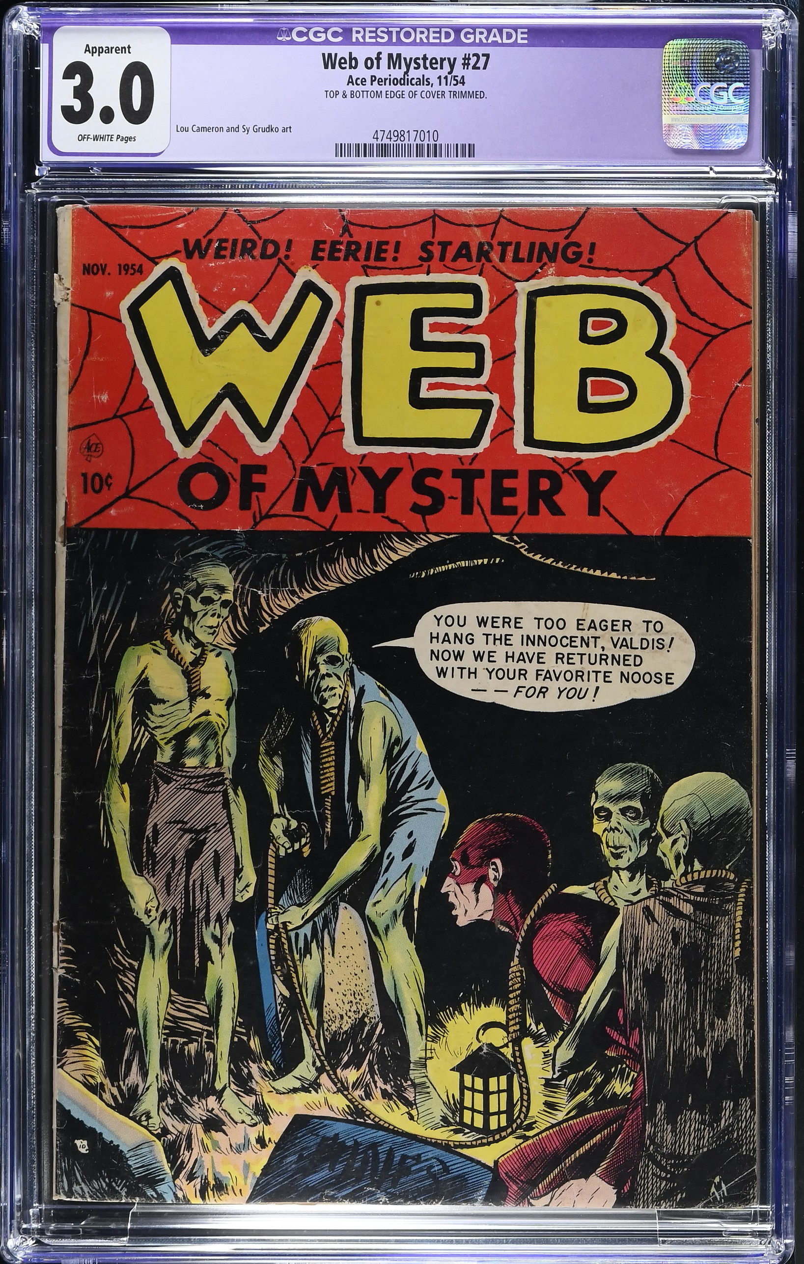 Web of Mystery #27 CGC 3.0 Restored Cover by Jim McLaughlin (Ace Periodicals, 1954) Off-White Pages