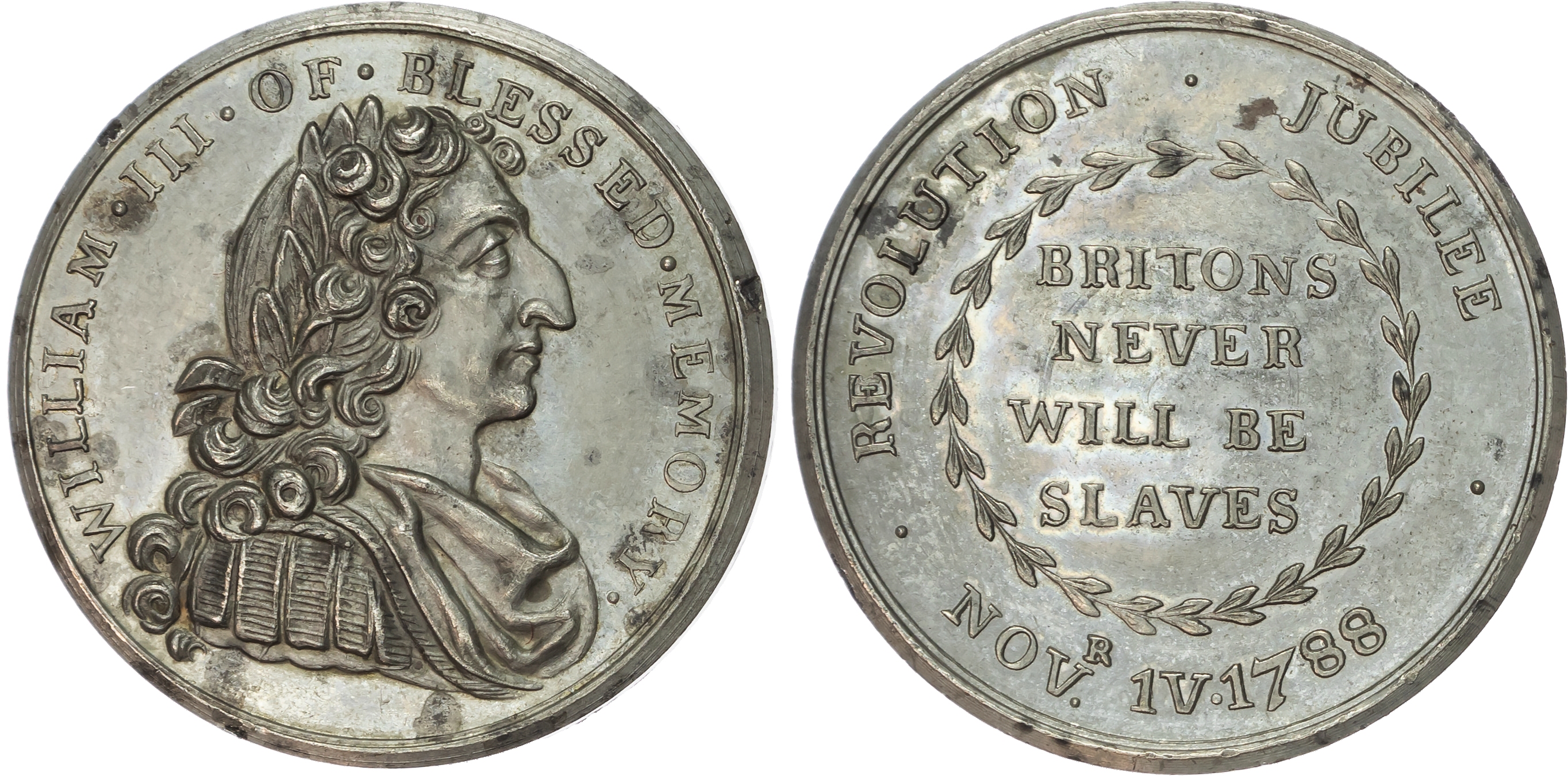 London , Political Series, Revolution Jubilee white-metal Penny 1788. Bust right of William III, rev . BRITONS…