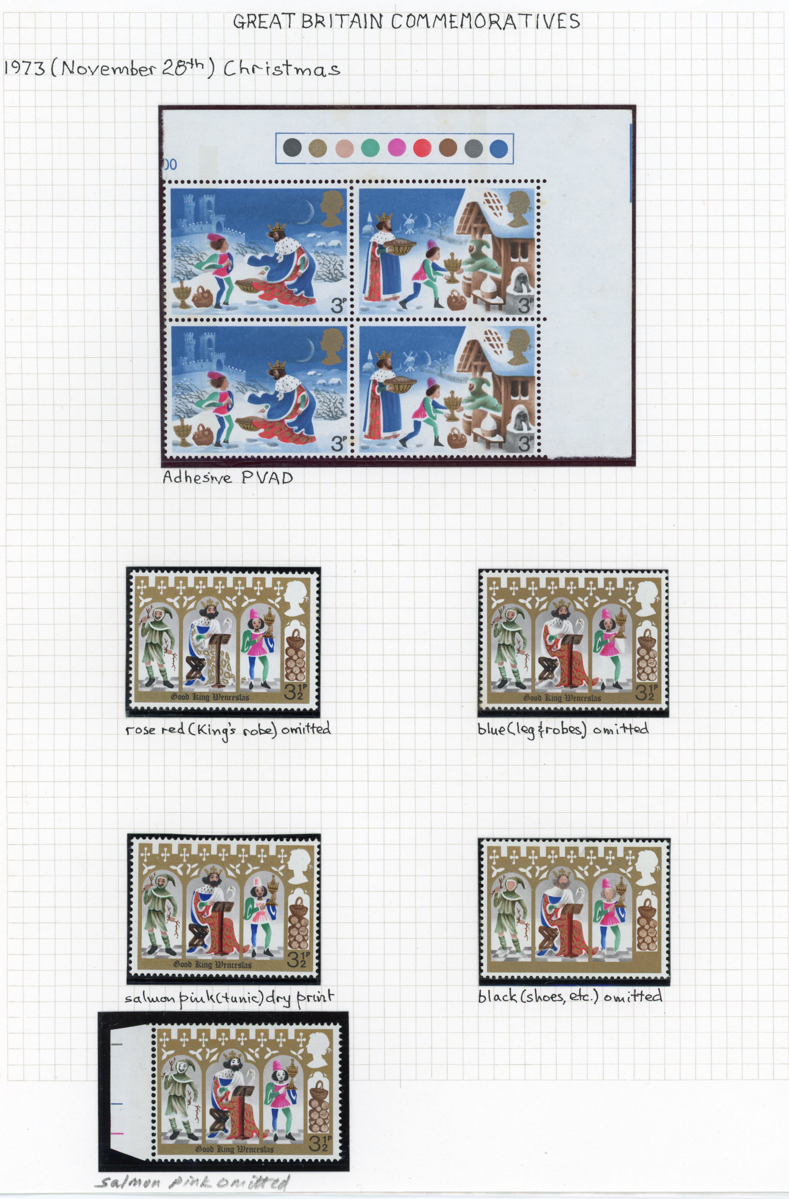 GB: 1973 Christmas displayed on an album leaf including 3½p grey-black (value and inscription) omitted, 3½p blue (leg, robes