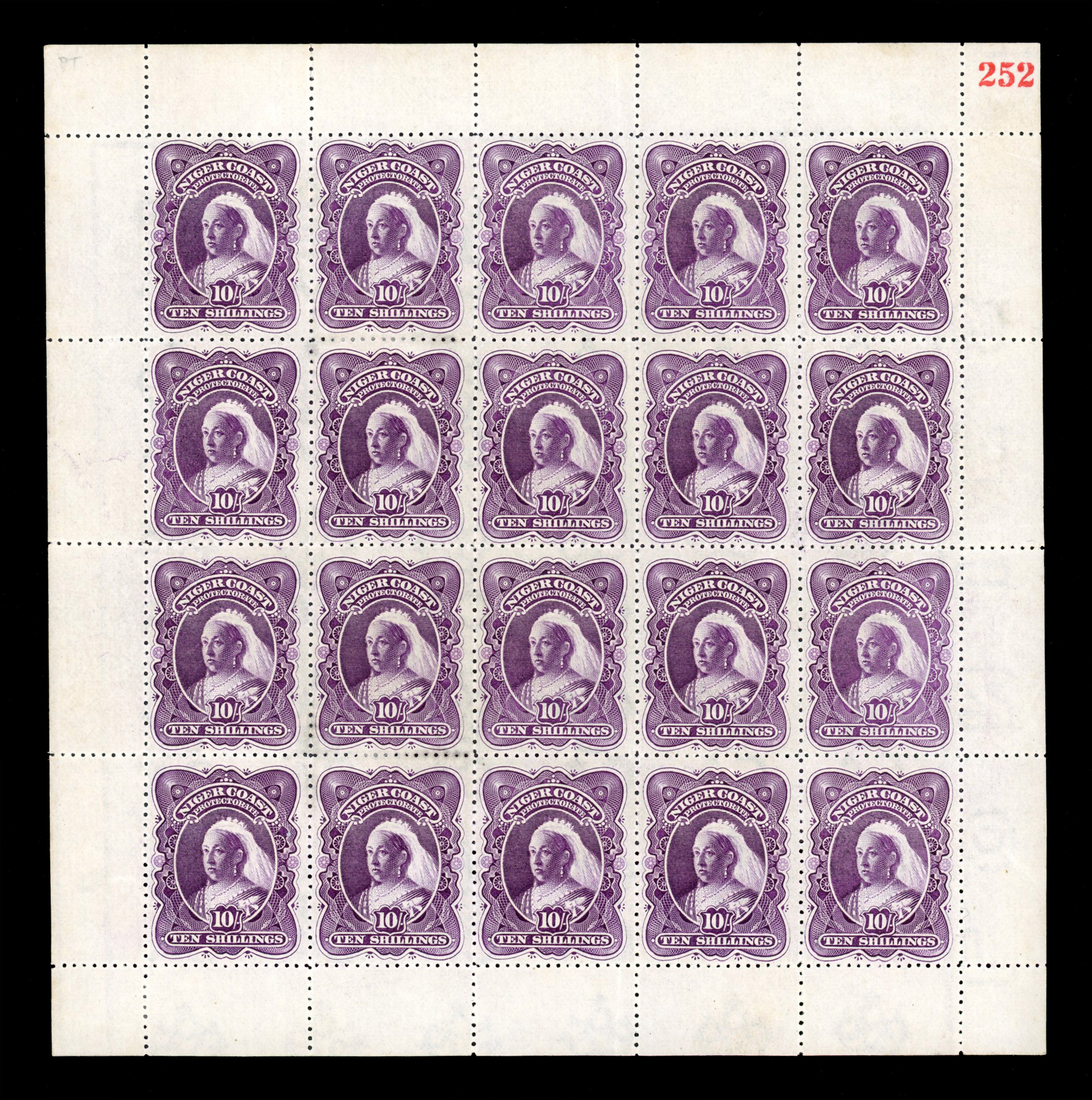 Niger Coast 1897-98 MCA 10s deep violet, perf 13½-14, mint large part o.g., complete sheet of twenty