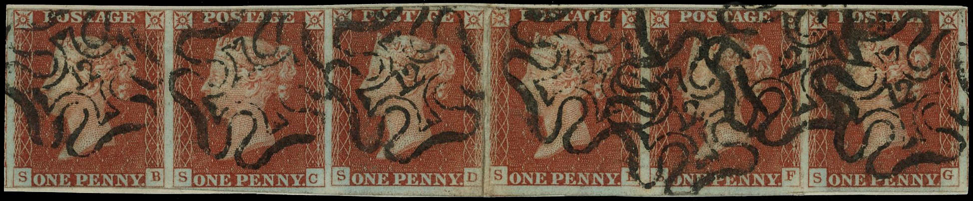 1841 1d red-brown, two strips of three (SB-SG and SE-SG), close to good margins, tied