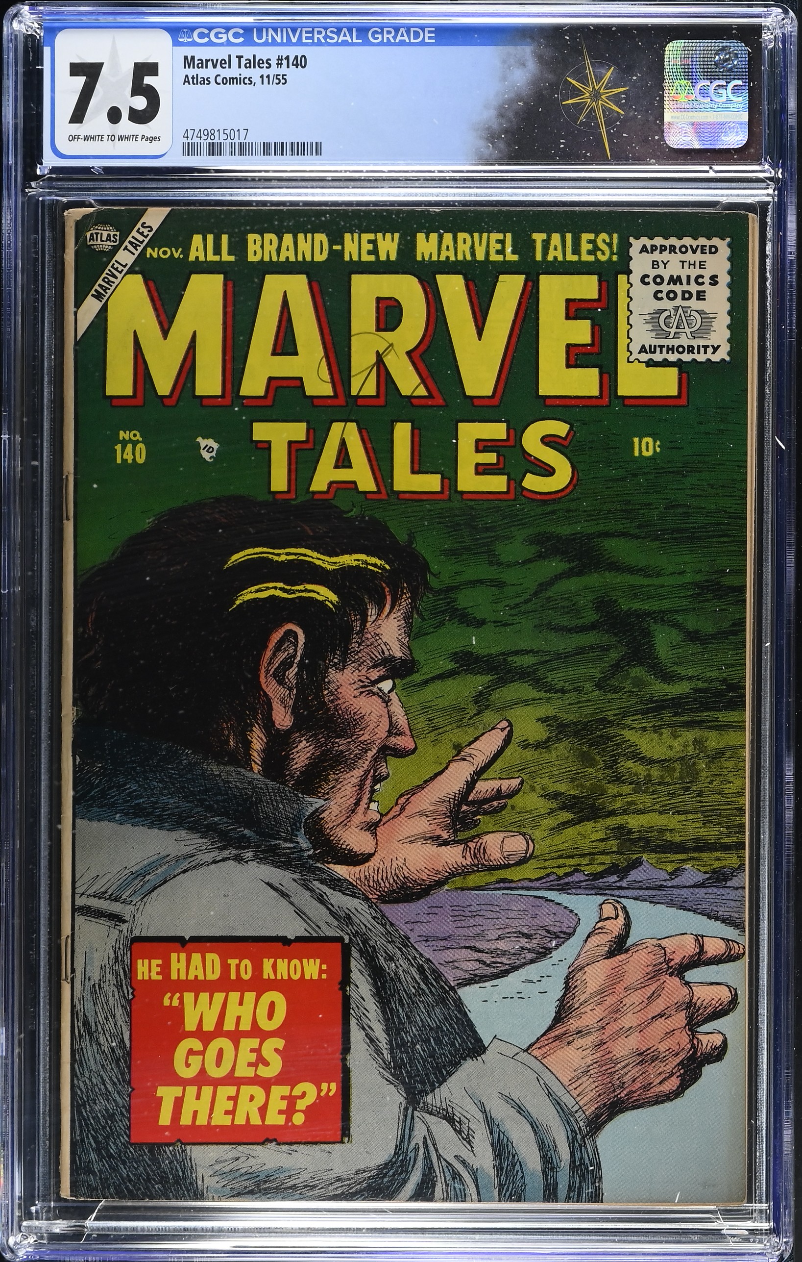 Marvel Tales #140 CGC 7.5 Cover by Carl Burgos (Atlas Comics, 1955) Off-White to White Pages