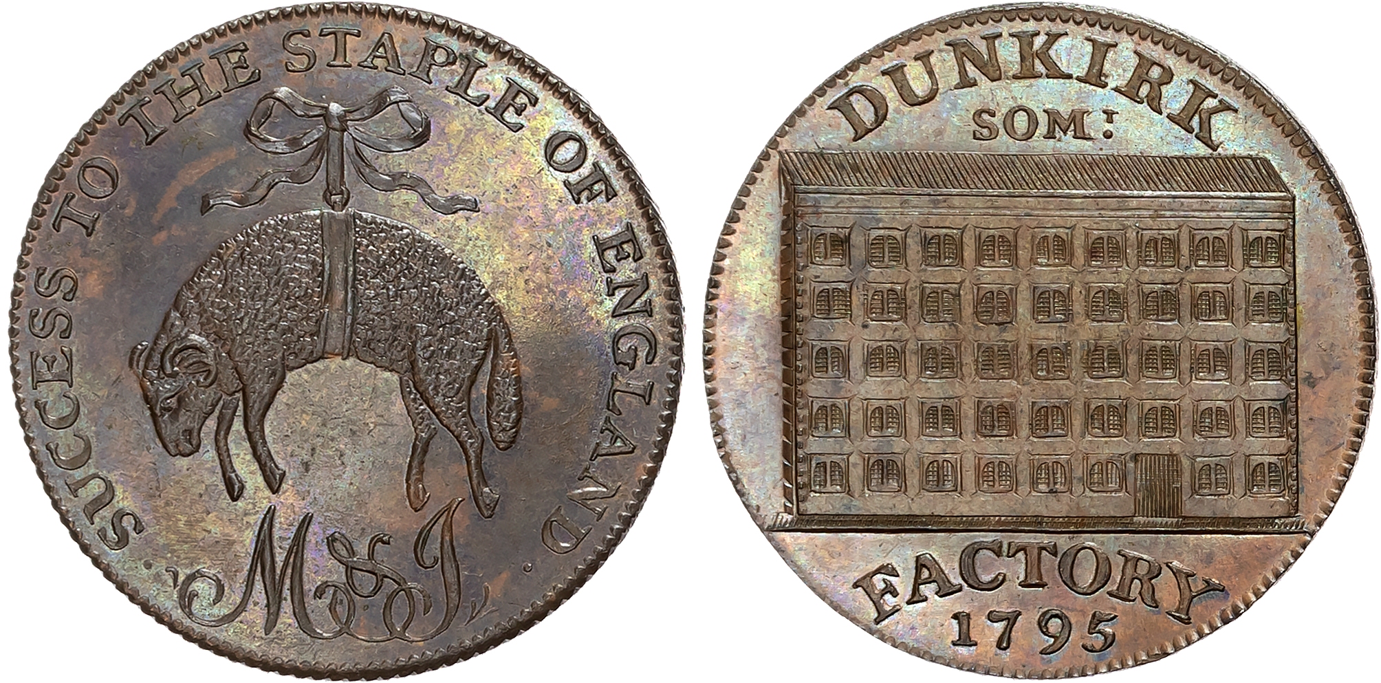 Som. Freshford , John Moggeridge and Thomas Joyce Halfpenny 1795, Hanging fleece over M&J cypher, rev. View of ‘Dunkirk’ …