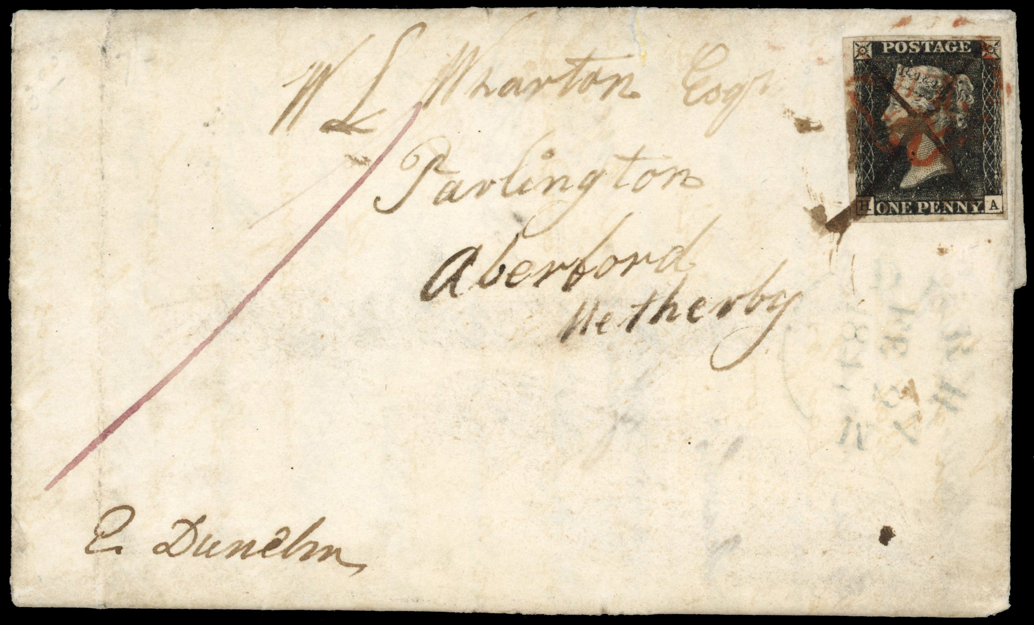 1840 1d Black Pl.5 (HA). Entire sent and re-addressed