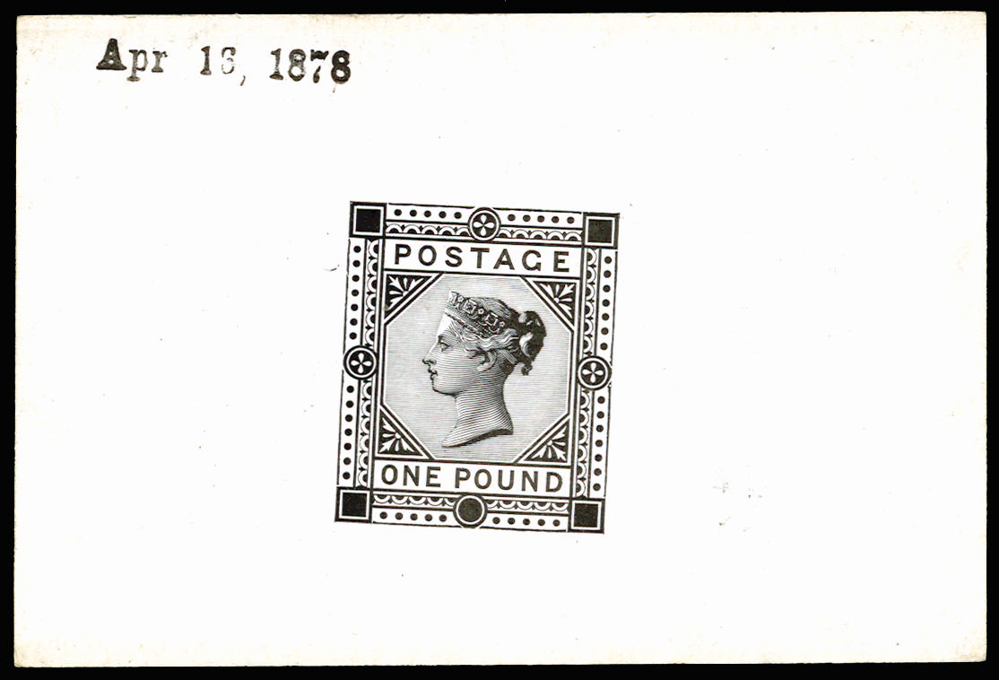 Great Britain 1878 £1 Die proof. Very fine progressive die proof with outer frame lines, printed in black on white…