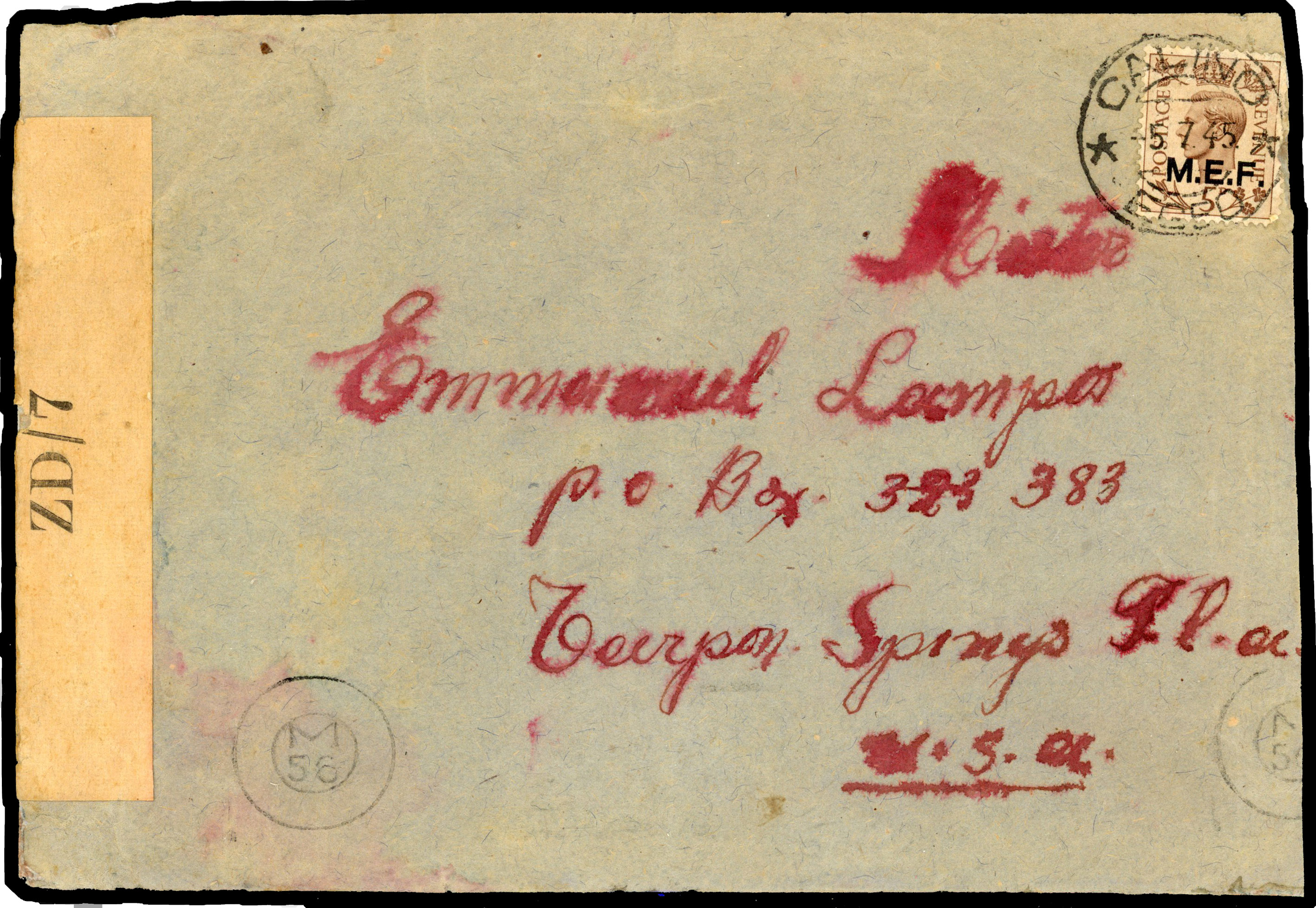 Censored envelope to USA franked 5d tied 'CALINO/EGEO/5 7 45' cds, Rhodes censor seal at left, rare and shortlived usage at 