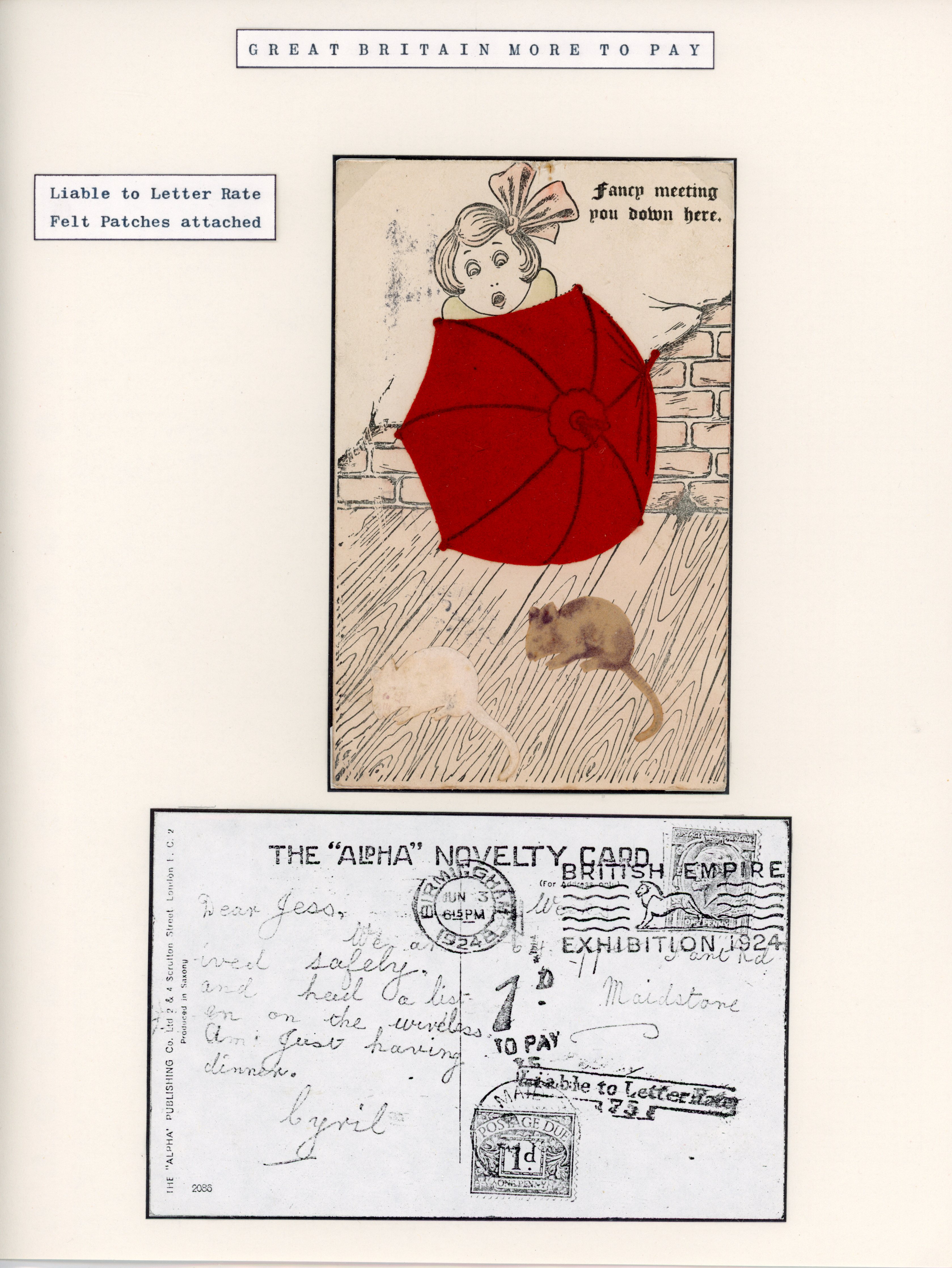 Great Britain 1924 novelty postcard with felt rats attached