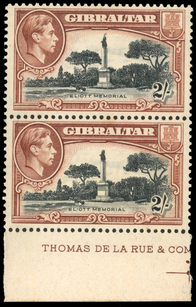 Gibraltar SG 128bb 1942-51 2/- pair R9/3 bird on memorial mint