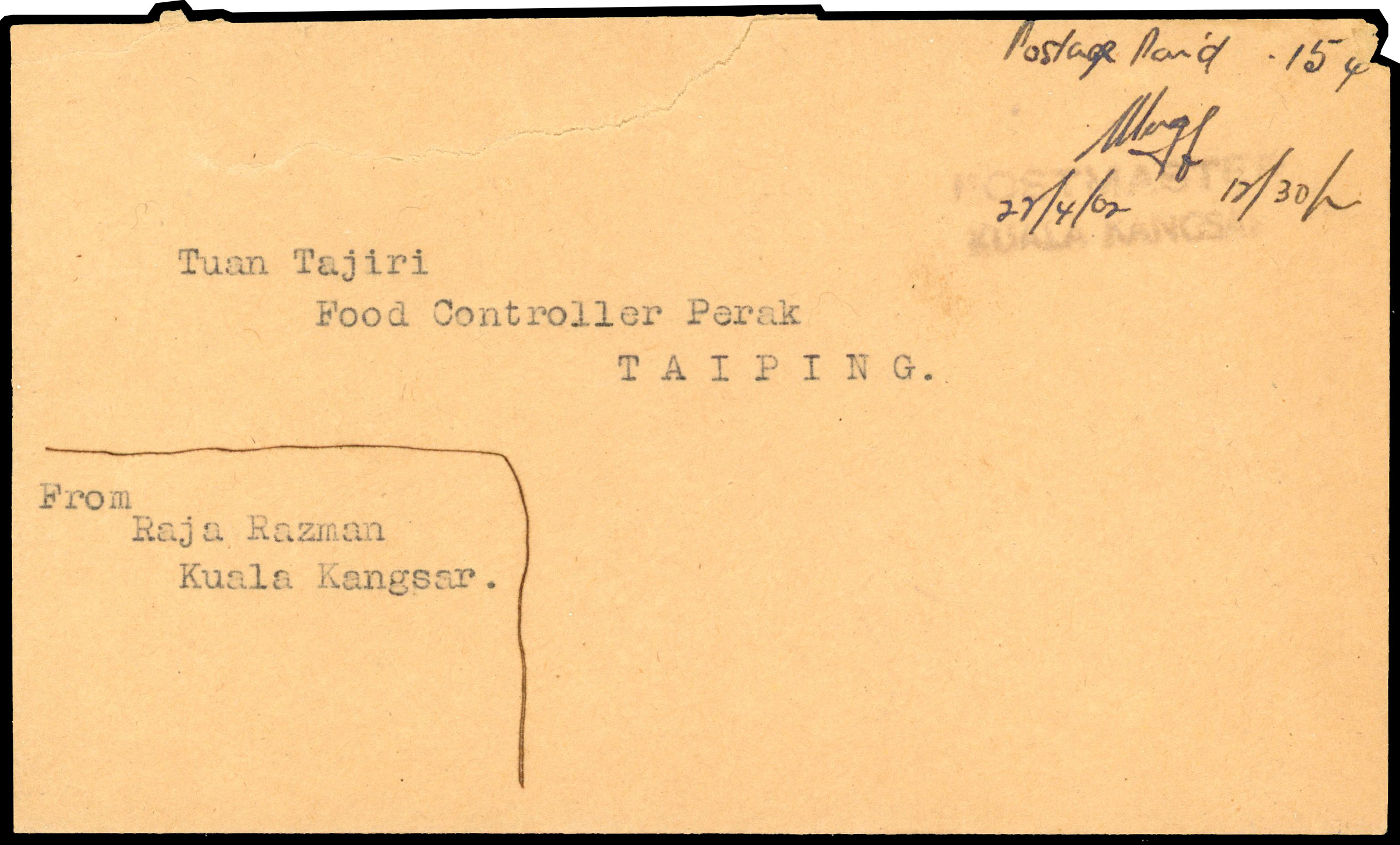 MJO 1942 Kuala Kangsar stampless cover