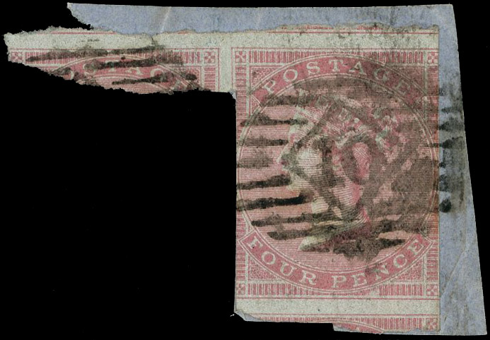 1855 4d Pale carmine. Very rare used imperforate example, tied to fragment by a London Chief Office ’10’ numeral, huge m…