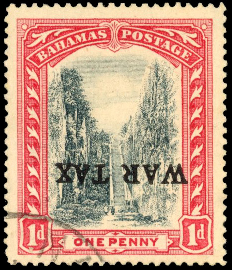 Bahamas SG 93c 1918 1d War Tax overprint inverted used