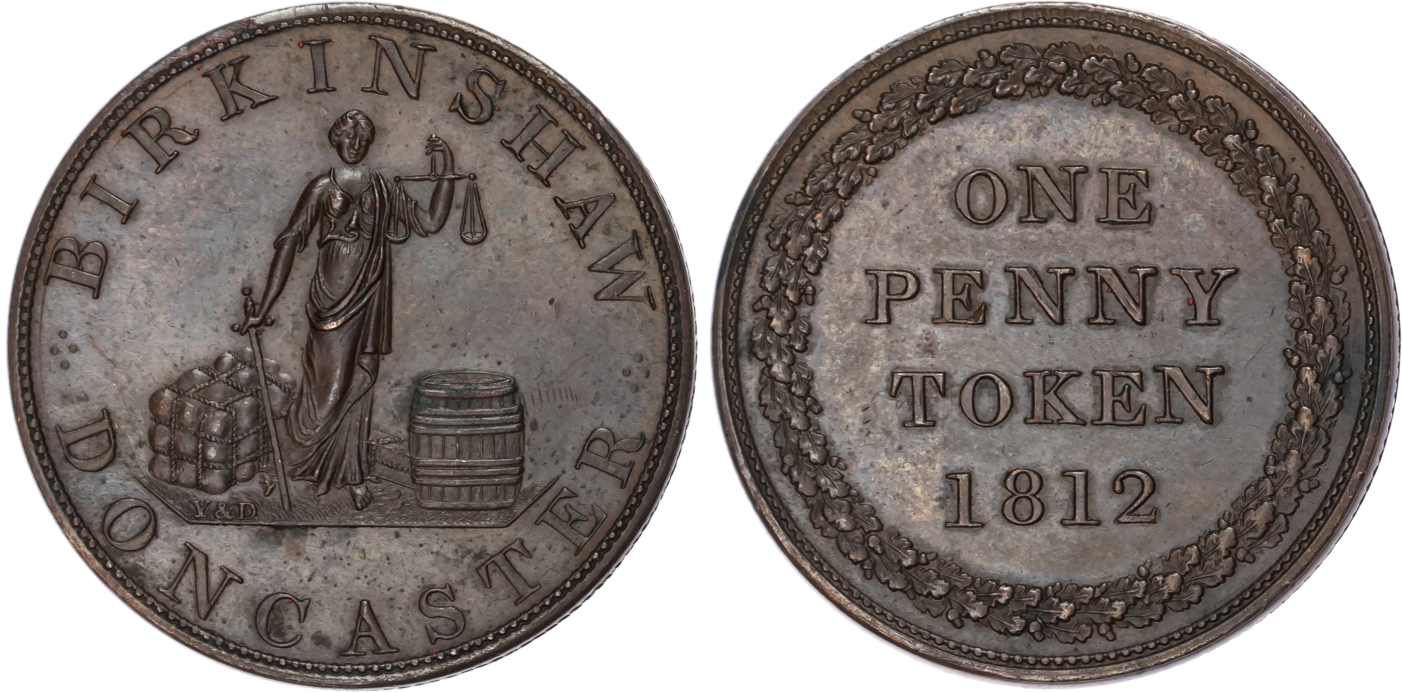 DONCASTER, Yorks , Thomas Birkinshaw (second-hand dealer & pawnbroker) Penny 1812, Justice standing between a …