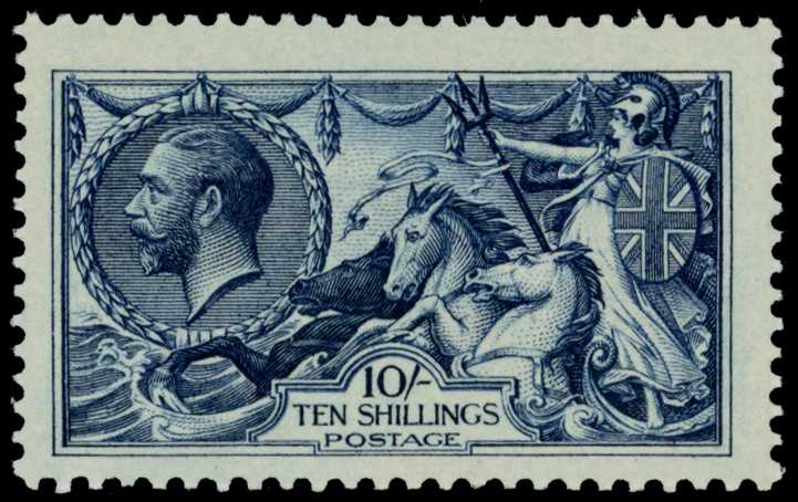 1913 10/- indigo-blue, fresh unmounted o.g.,...