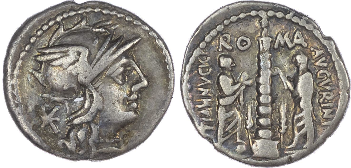 Ti. Minucius C. f. Augurinus (134 BC) AR Denarius, Rome, 3.80g. Helmeted head of Roma facing right, mark of value behind.