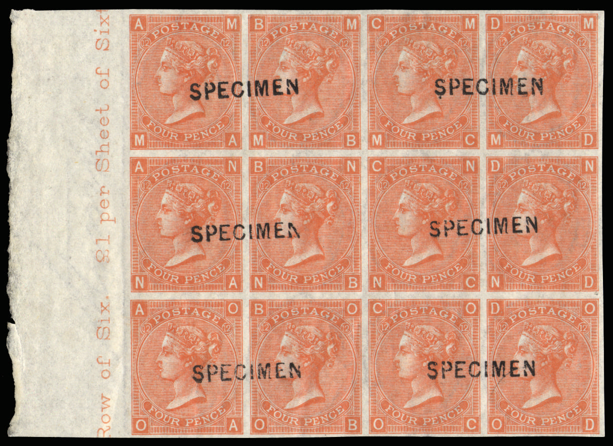 Great Britain 1870 4d Vermilion Pl.12. Superb left hand marginal imperforate block of twelve lettered MA-OD, light…