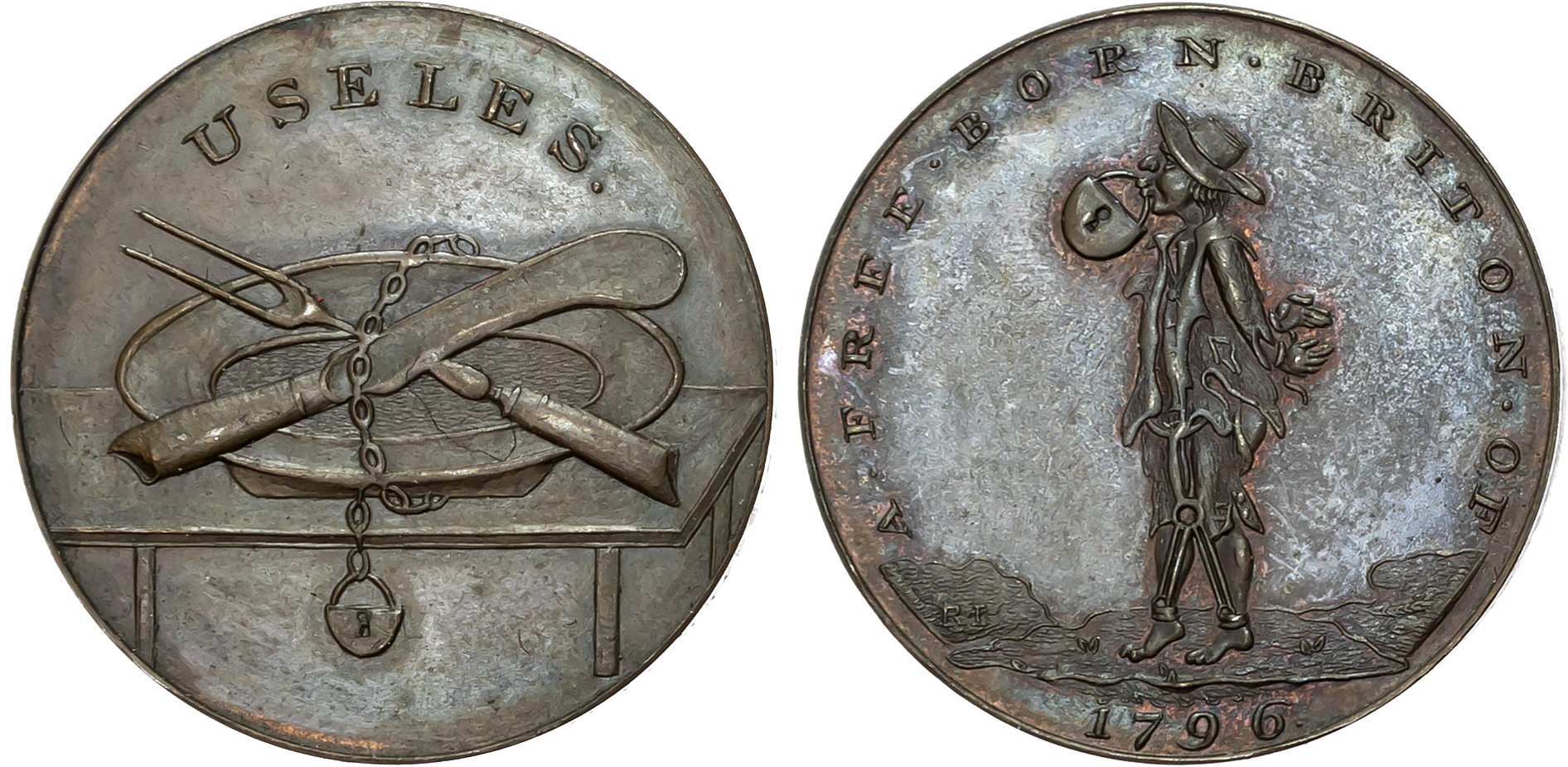 London , Holborn , Paul Skidmore Political Series Halfpenny 1796, A free born Briton in shackles with lips padlocked, re …