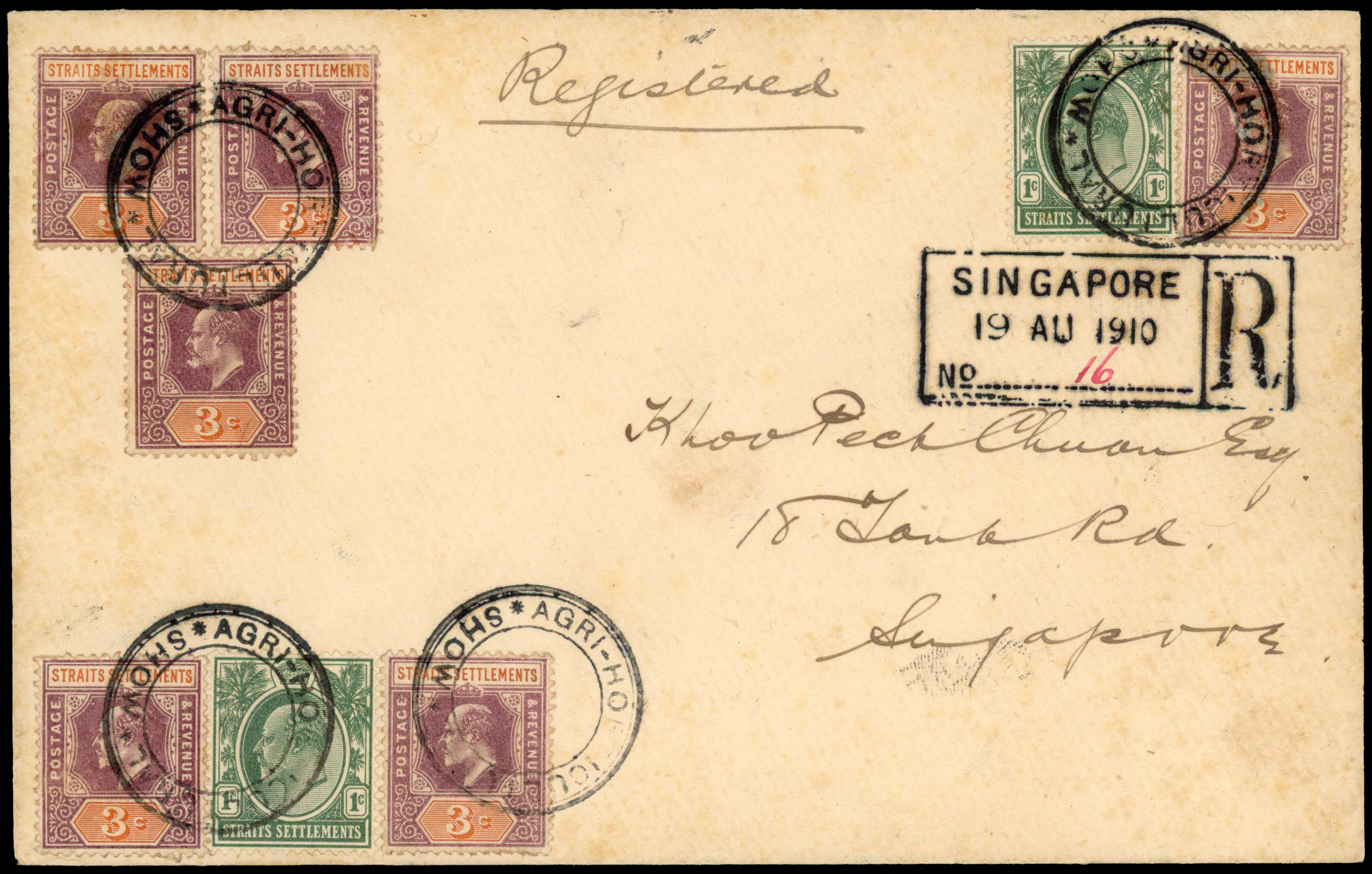 Straits Settlements 1910 registered cover from Agri-Horticultural Show