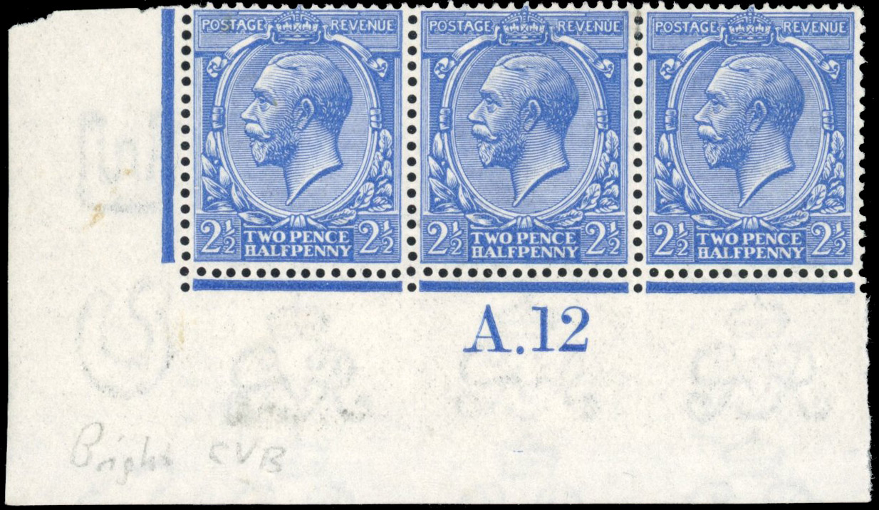 GB 1912-24 Royal Cypher 2½d cobalt-violet-blue mint control A12 strip